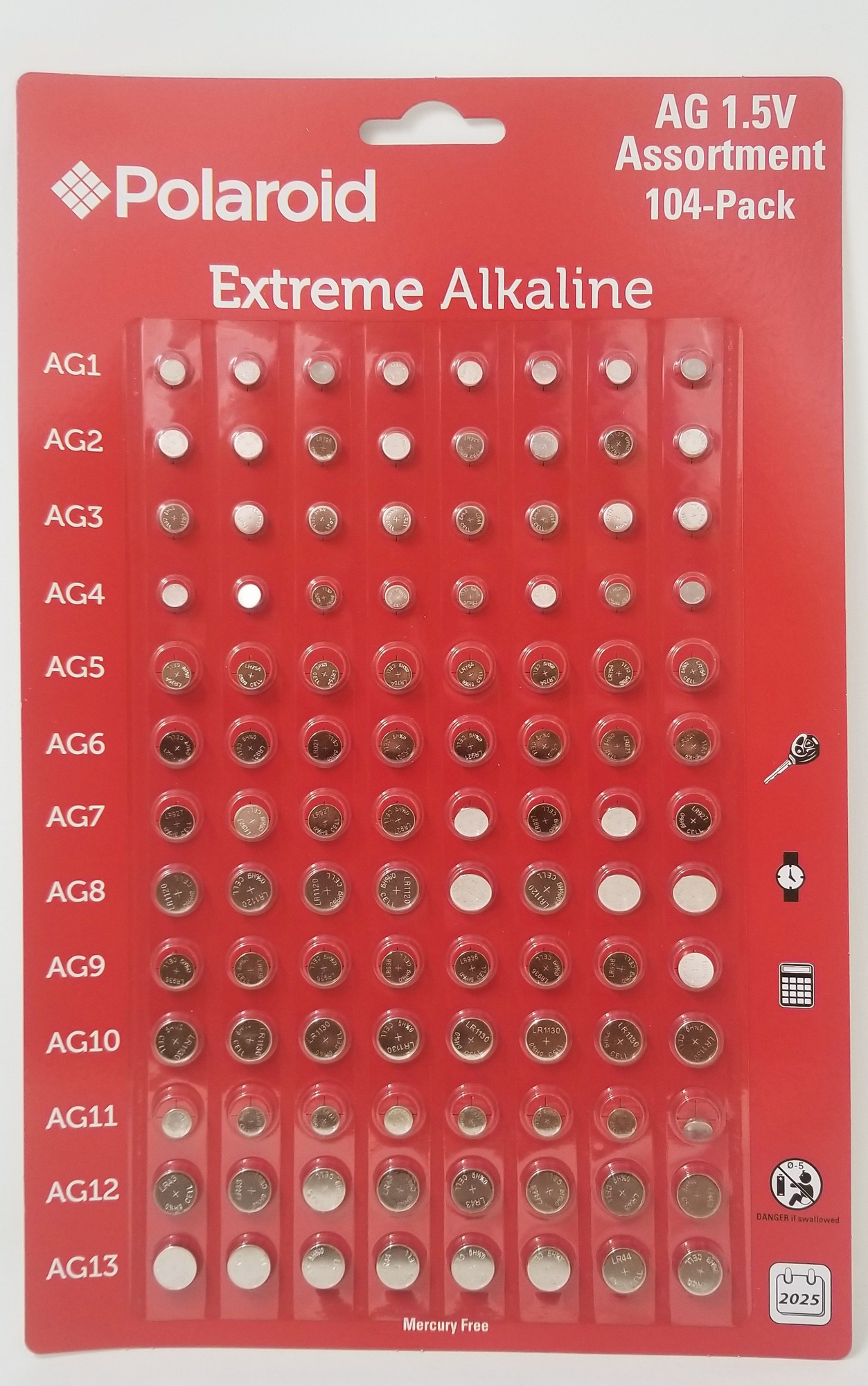 104 Pack - Polaroid AG 1.5V Extreme Alkaline Assorted Batteries AG1 AG2 AG3 AG4 AG5 AG6 AG7 AG8 AG9 AG10 AG11 AG12 AG13