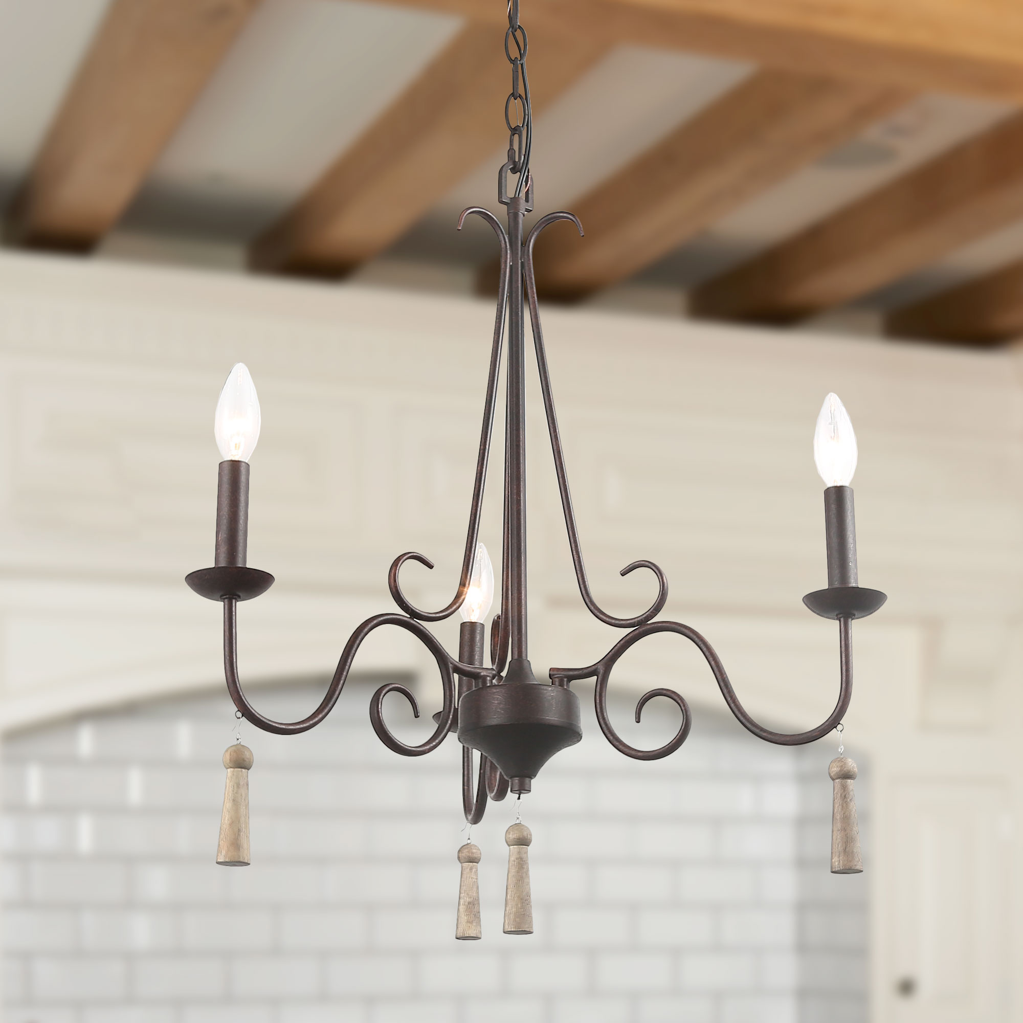LNC Rustic French Country Chandeliers Lights for Indoor Home Decro, Transitional Chandelier 3 Lights Wood Pendant for Living Room, Kitchen Island Pend