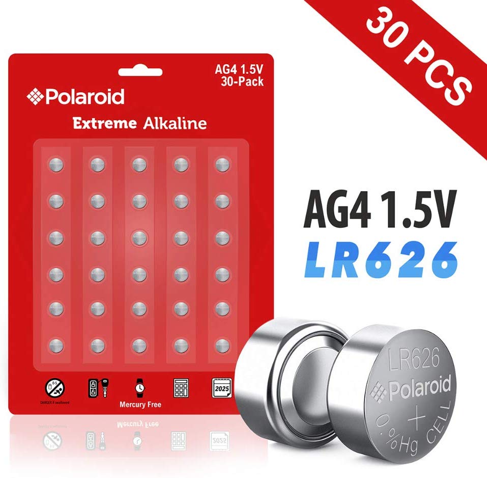 Polaroid Extreme AG4 LR66 377 376 LR626 SR626SW 177 1.5V Button Cell Alkaline Batteries No Mercury 0 Hg (30-Pack) - 2025 Expiry Date