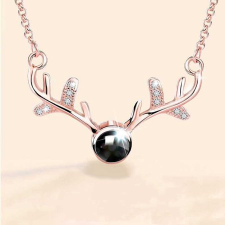 AkoaDa 925 Sterling Silver 100 Languages I Love You Deer Antler Pendant Woman Necklace Valentineand#39;S Day Gifts for Lover Projection Rose Gold Pend