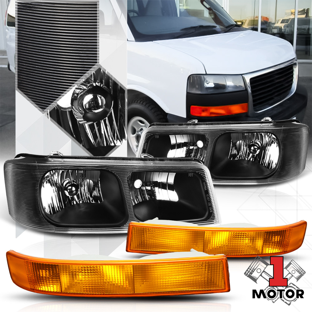 Black/Clear Headlight+Amber Bumper Signal Marker Lamp for 03-17 Savana/Express 04 05 06 07 08 09 10 11 12 13 14 15 16
