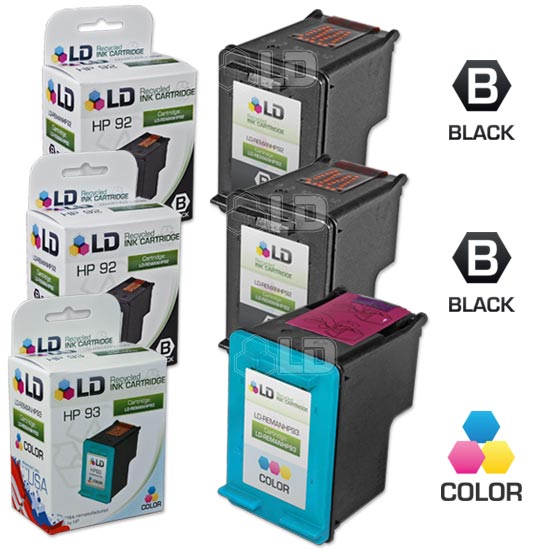 LD Remanufactured Replacements for 92 & 93 Cartridges: 2 C9362WN Black, 1 C9361WN Color for DeskJet 5440xi, 5442, 5443, PSC 1507, 1510, PhotoSmart 785