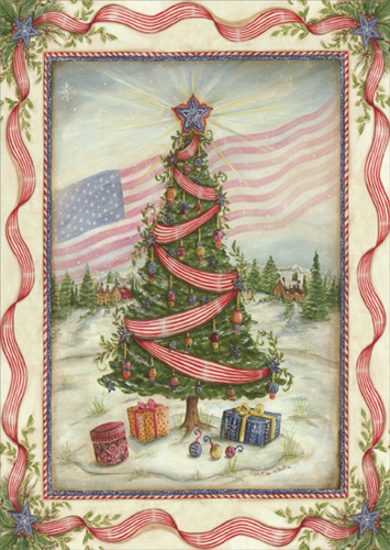 LPG Greetings American Flag and Tree Box of 16 Patriotic Christmas Cards