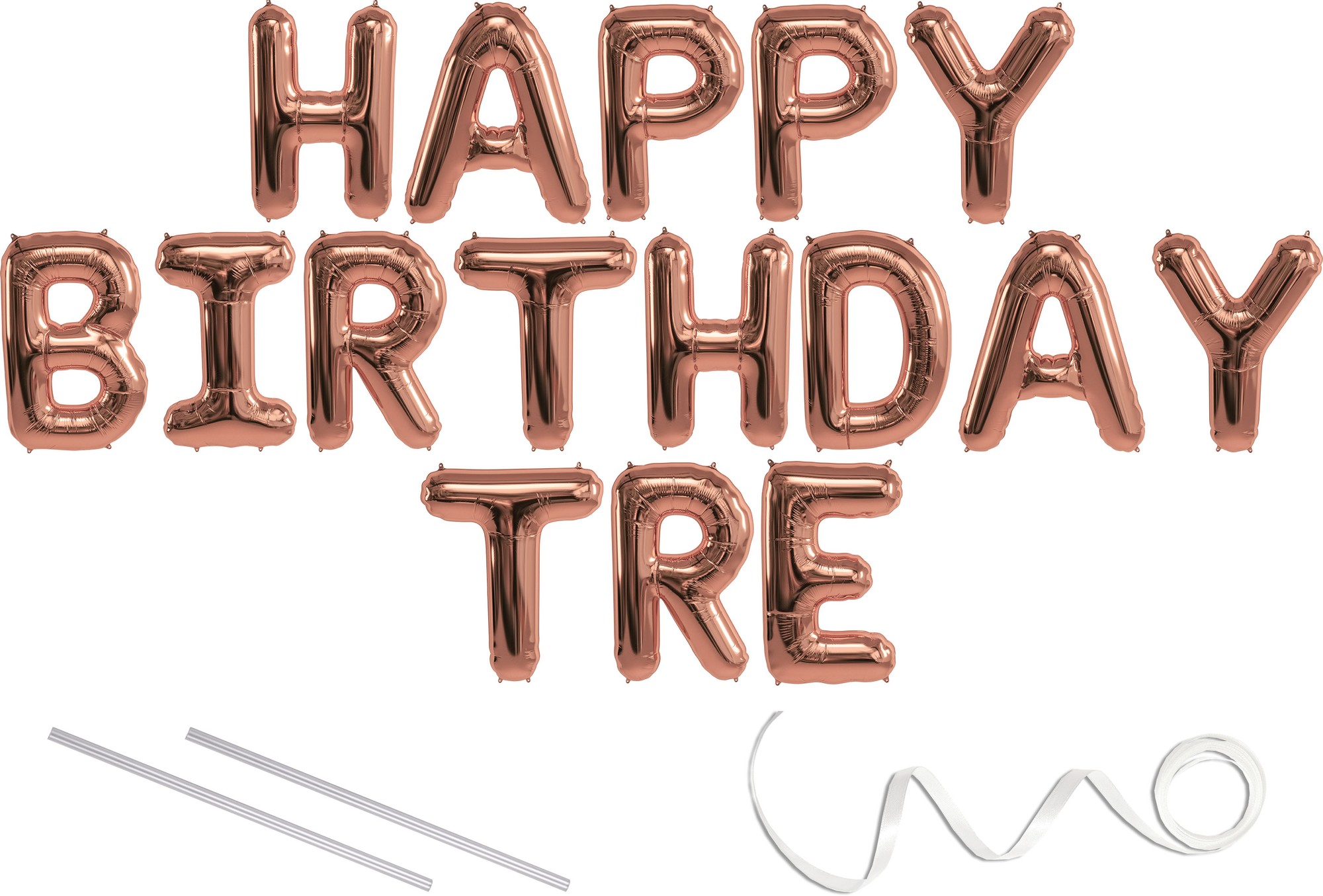 Tre, Happy Birthday Mylar Balloon Banner - Rose Gold - 16 Inch Letters. Includes 2 Straws for Inflating, String for Hanging. Air Fill Only- Does Not F