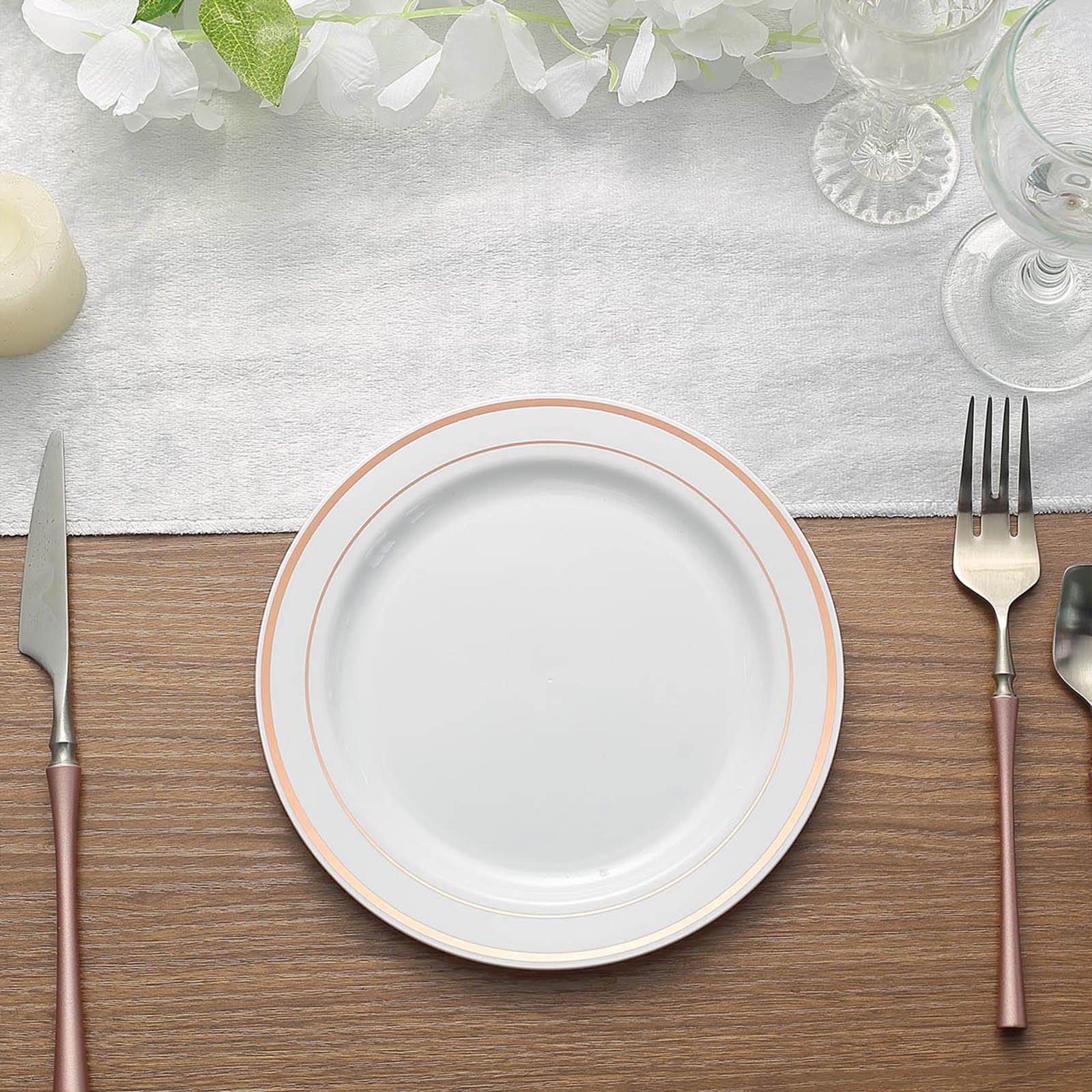 Efavormart 50 Pcs -White with Rose Gold 7.5  Round Disposable Plastic Plate for Wedding Party Banquet - Tres Chic Collection