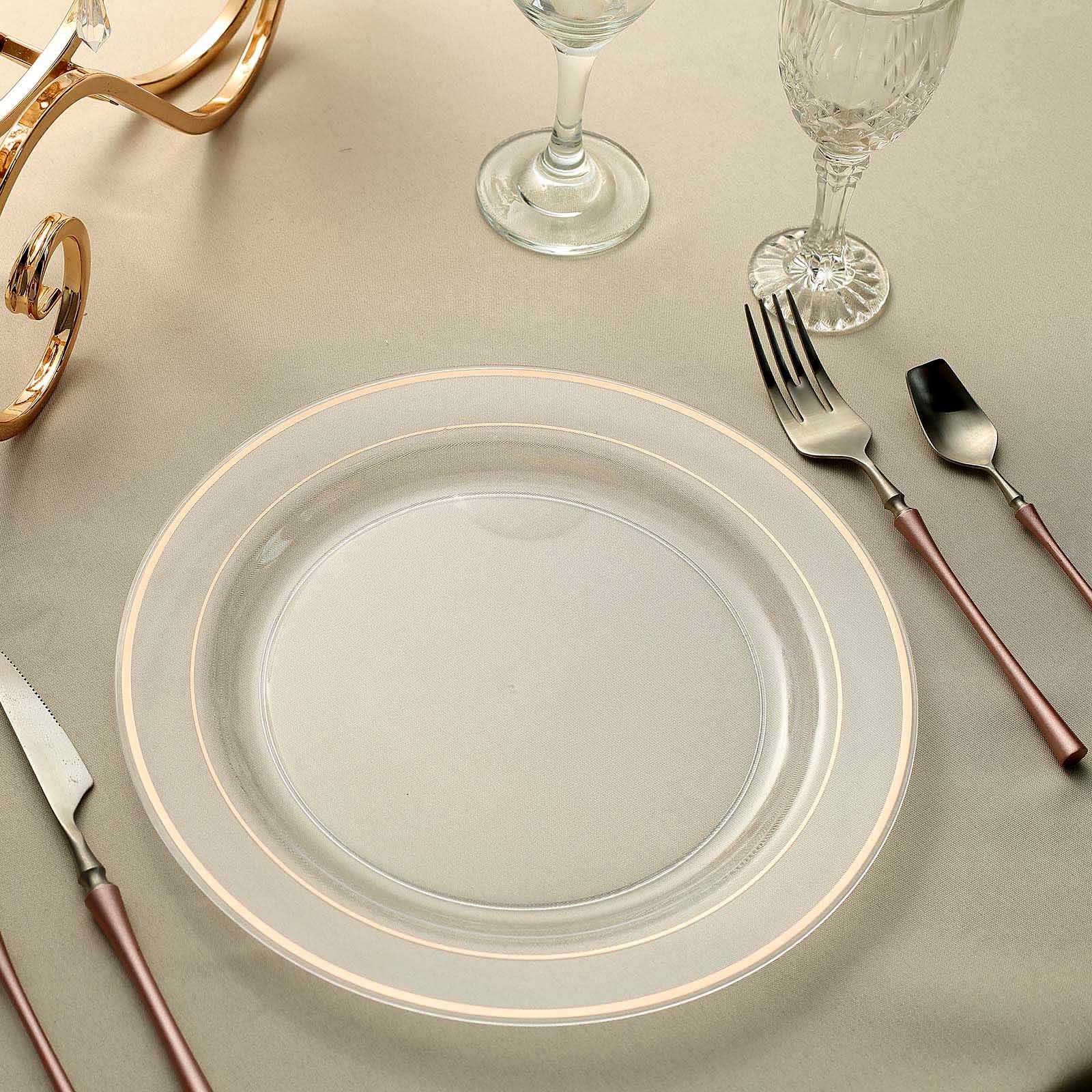 Efavormart 50 Pcs - Rose Gold Trimmed Clear 10.25  Round Disposable Plastic Plate for Wedding Party Banquet - Tres Chic Collection