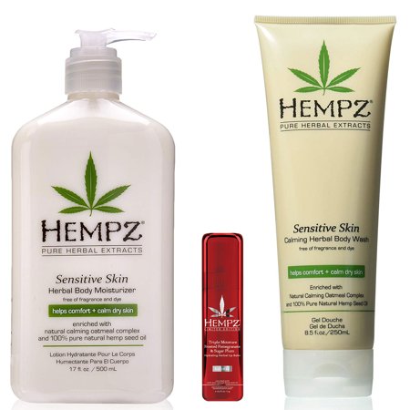 Hempz Sensitive Skin Herbal Body Moisturizer Lotion, Wash & Limited Edition Lip Balm Trio Set