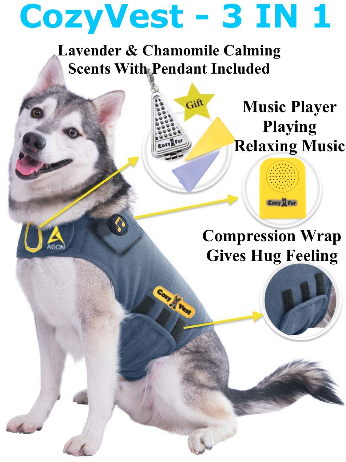 Agon® CozyVest Patent Pending - Canine Dog Cat Anti Anxiety Vest Coat with Calming Essential Oil Lavender Scent & Relaxing Music  Treat Dogs Stress N