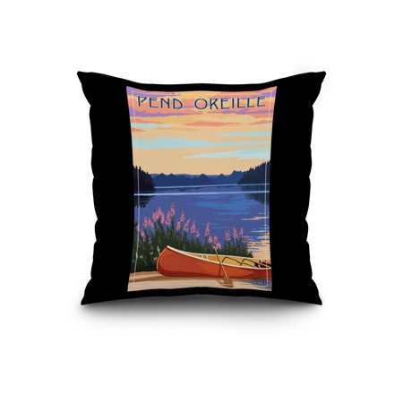 Pend Oreille, Idaho - Canoe & Lake - Lantern Press Artwork (20x20 Spun Polyester Pillow, Black Border)