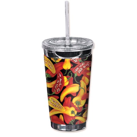 Mugzie Sweat Proof 16-Ounce to Go Tumbler with Insulated Wetsuit Cover - Red & Yellow Peppers