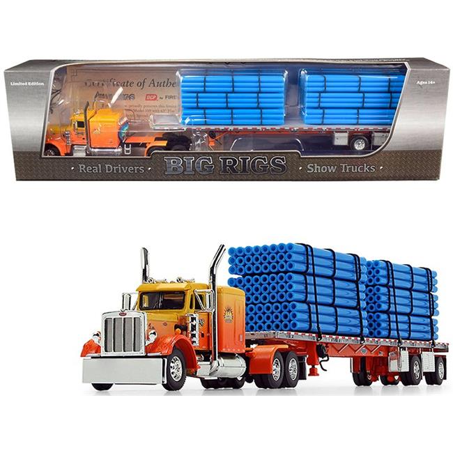 First Gear 69-0700 Peterbilt 359 63 Sleeper Cab with Wilson Roadbrute Spread-Axle Trailer with 6 Blue Pipe Loads Kelseys Trucking Sunrise Express 1st 