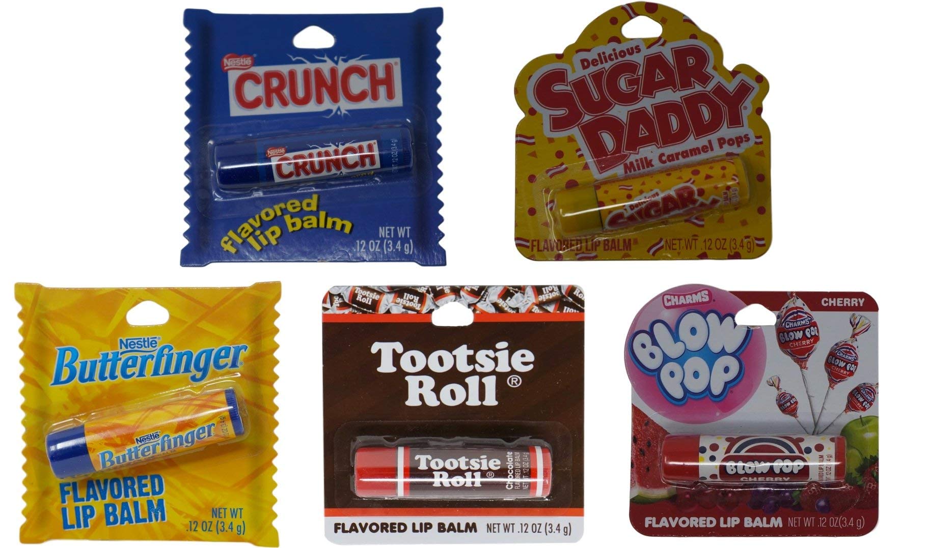 5 Pack Chocolate and More Flavored Lip Balms - Sugar Daddy Milk Caramel, Nestle Butter Finger, Nestle Crunch, Tootsie Roll, Charms Blow Pop (Cherry)
