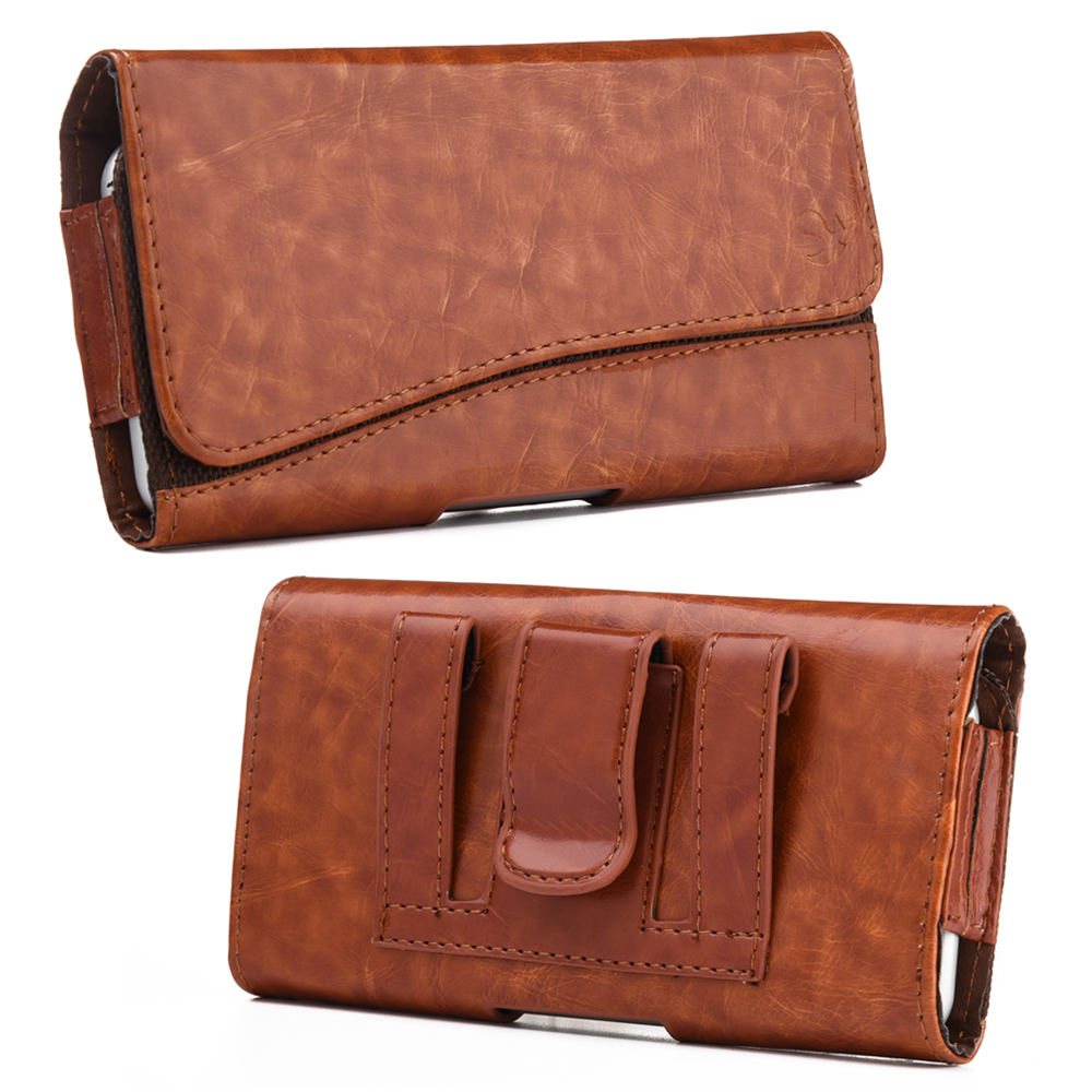 Premium Leather Nylon Hip Pouch Case - Brown 18988