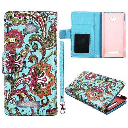 Blue Paisley Wallet Folio Case for HTC Windows Phone 8X / Accord / Zenith 6990 Fashion Flip PU Leather Cover Card Slots & Stand
