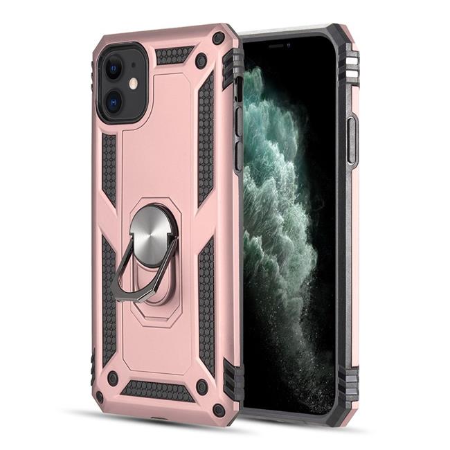 iPhone TCAIPXR2-0036-RG Rubberized Hybrid Protective Case with Shock Absorption & Built-in Rotatable Ring Stand for iPhone 11 - Rose Gold