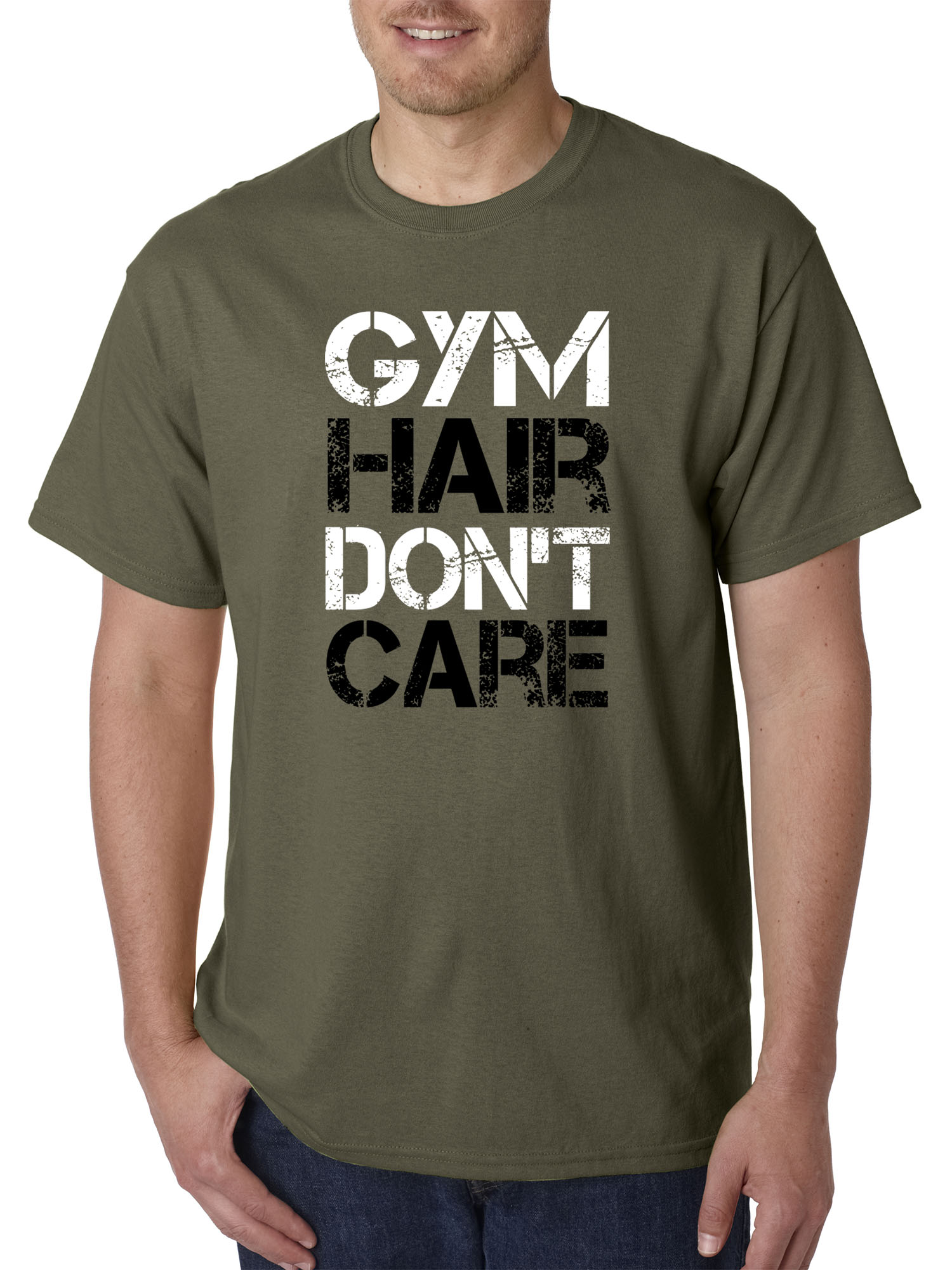 Trendy USA 1455 - Unisex T-Shirt Gym Hair Don't Care Workout Exercise Fitness Health Large Military Green