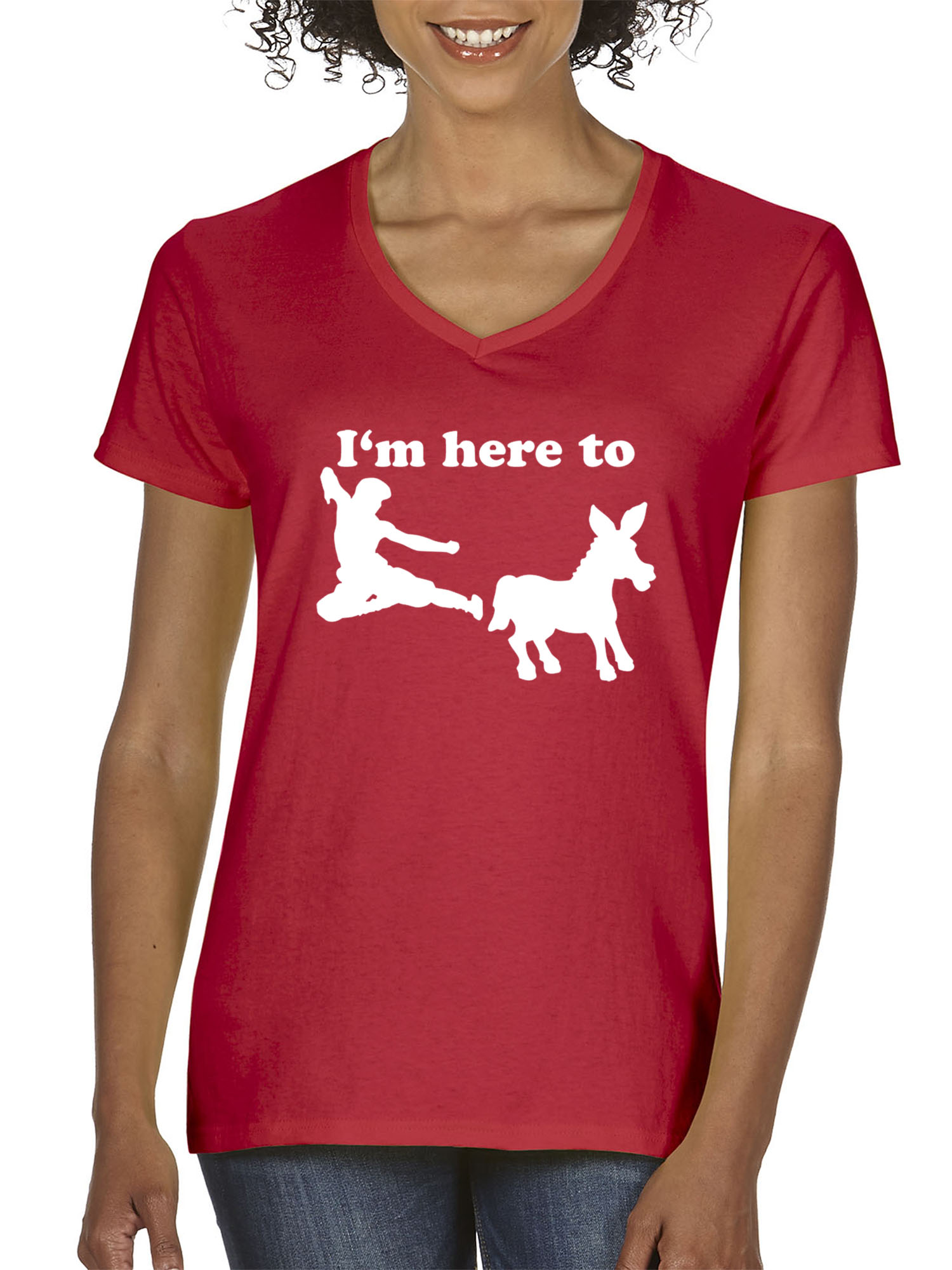 Trendy USA 1229 - Women's V-Neck T-Shirt I'm Here to Kick Ass Karate Donkey Small Red