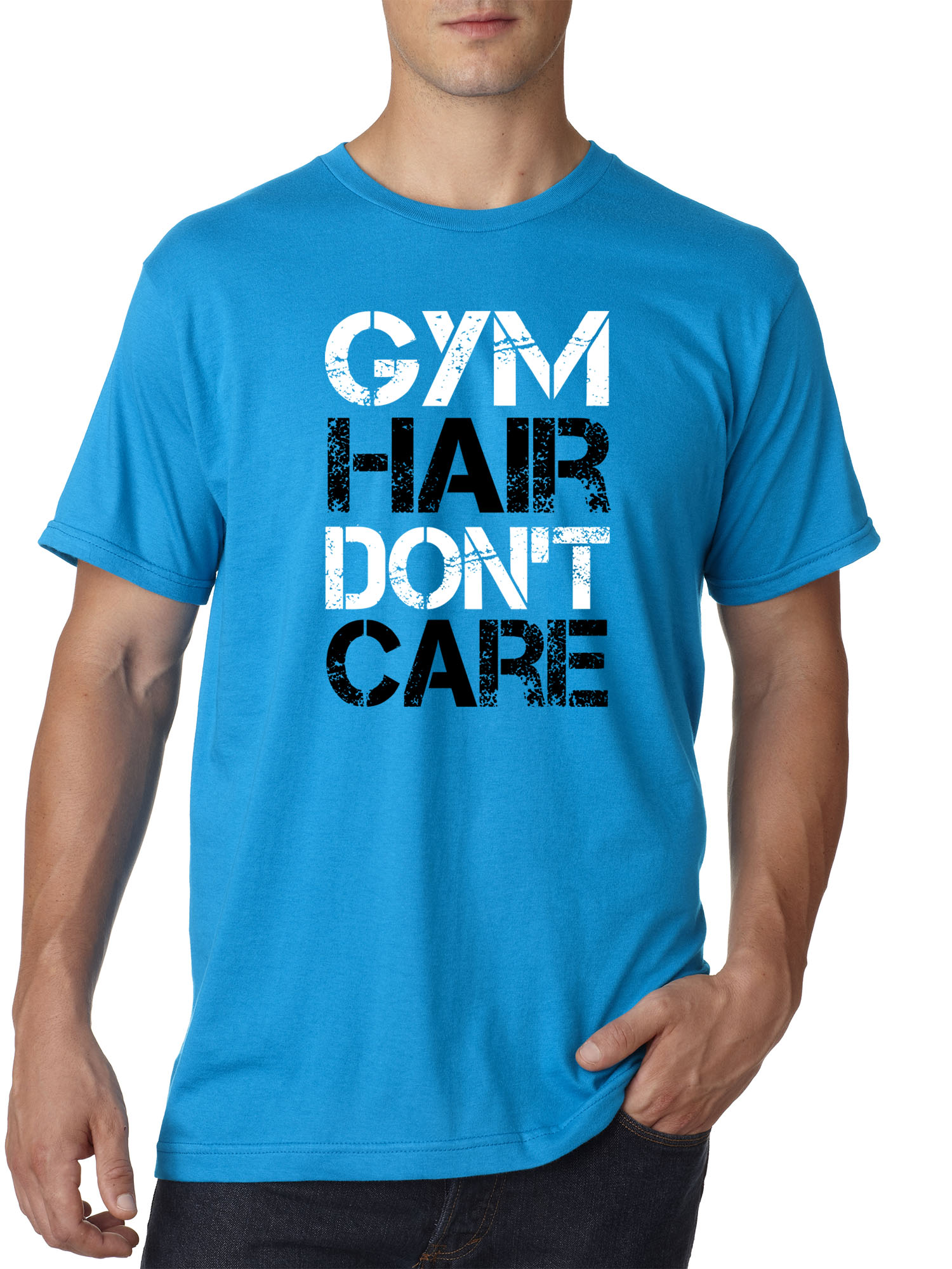 Trendy USA 1455 - Unisex T-Shirt Gym Hair Don't Care Workout Exercise Fitness Health 4XL Sapphire