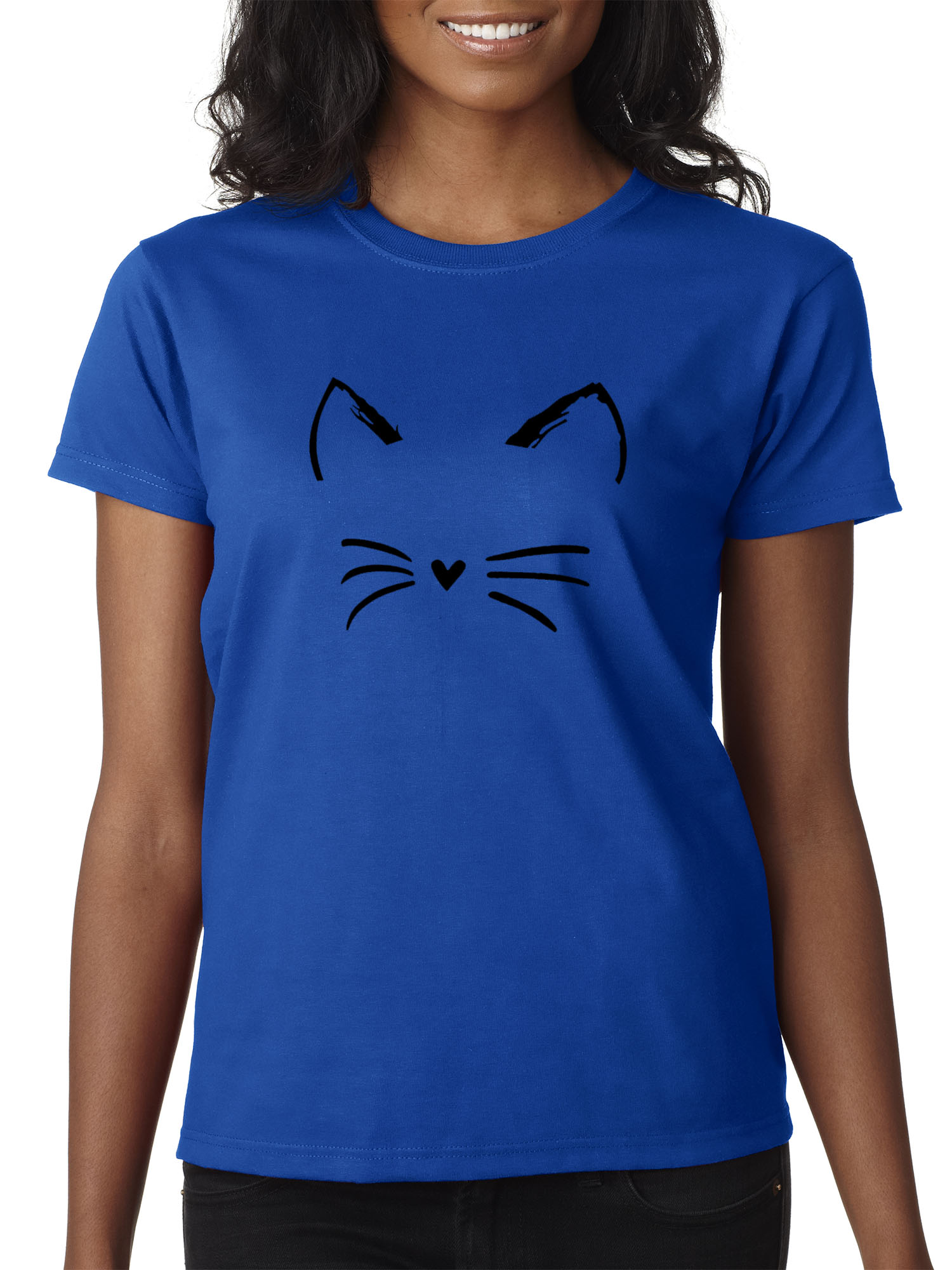 New Way 1128 - Women's T-Shirt Cat Whiskers Silhouette Heart Nose XS Royal Blue