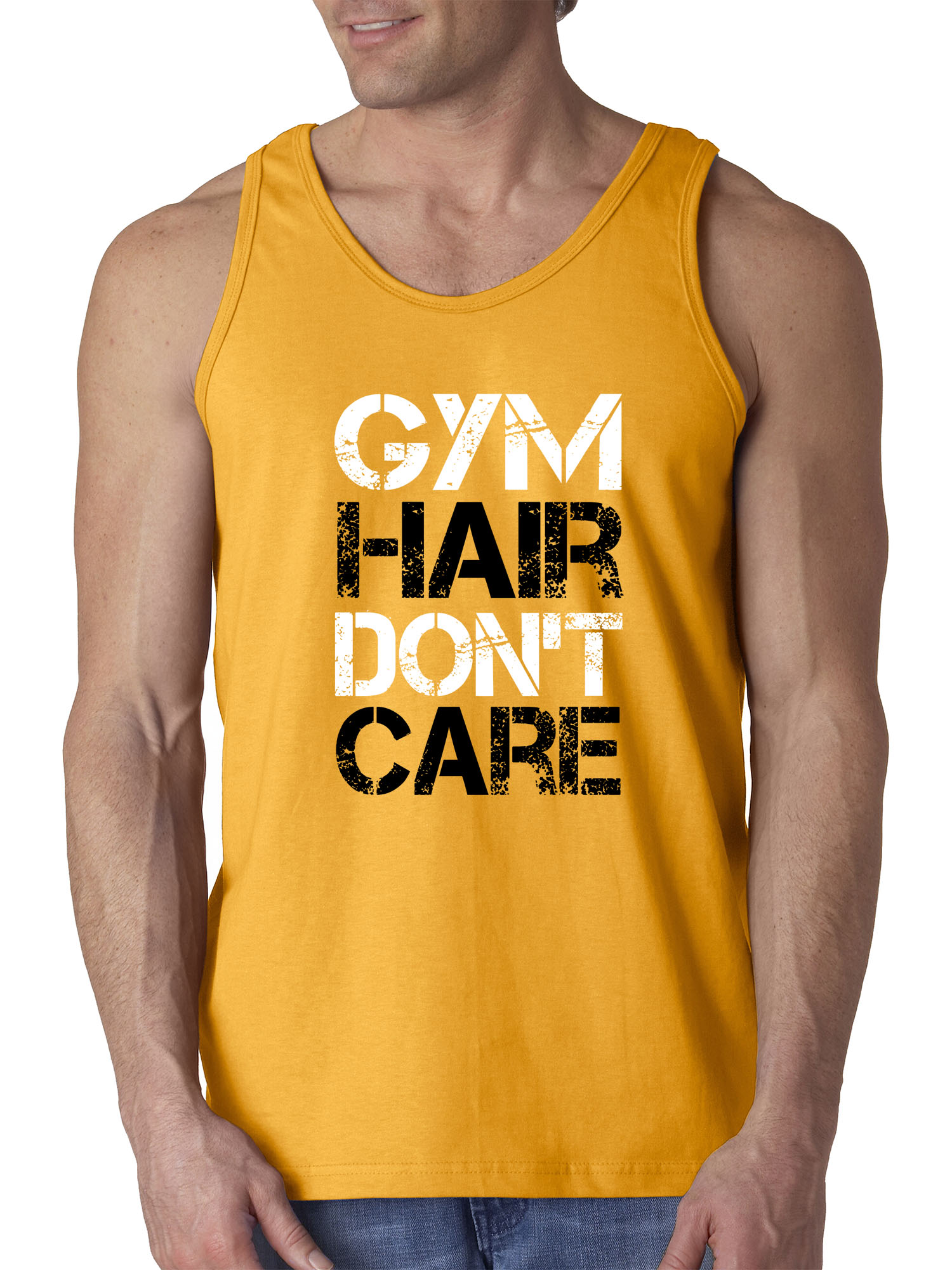 Trendy USA 1455 - Men's Tank-Top Gym Hair Don't Care Workout Exercise Fitness Health 2XL Gold