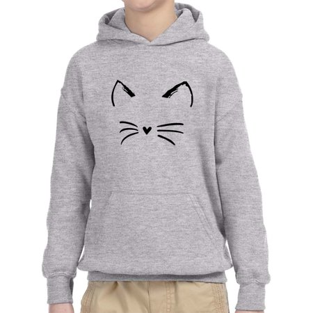 Trendy USA 1128 - Youth Hoodie Cat Whiskers Silhouette Heart Nose Unisex Pullover Sweatshirt Small Heather Grey