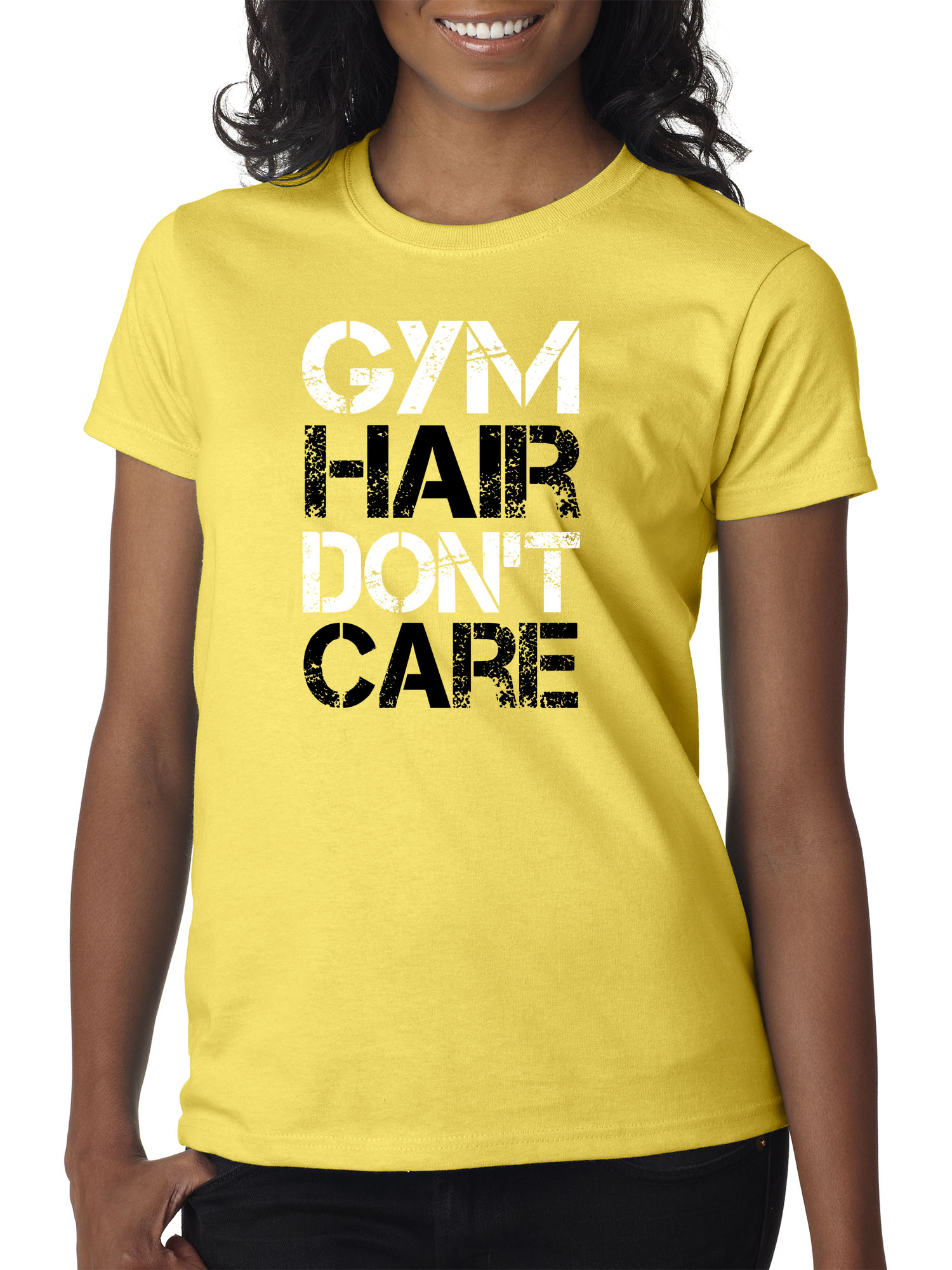 Trendy USA 1455 - Women's T-Shirt Gym Hair Don't Care Workout Exercise Fitness Health XS Daisy Yellow