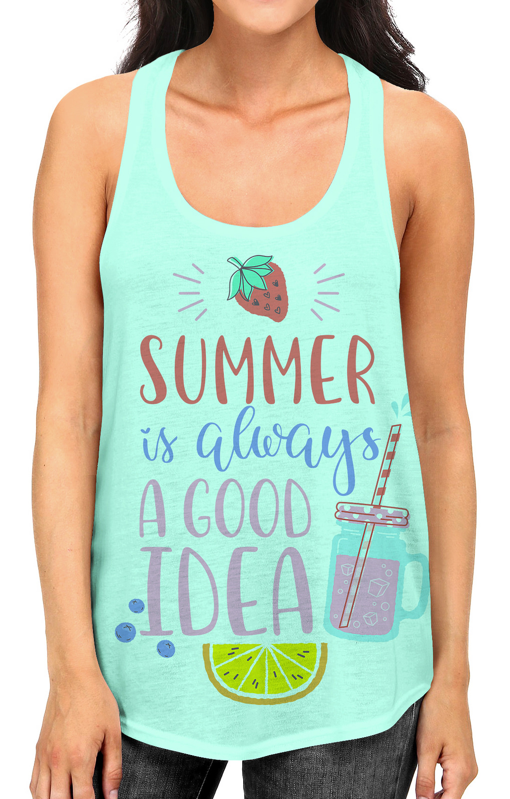 Junior S Summer Is Always a Good Idea Tee B951 PLY Mint Green Racerback Tank Top Medium