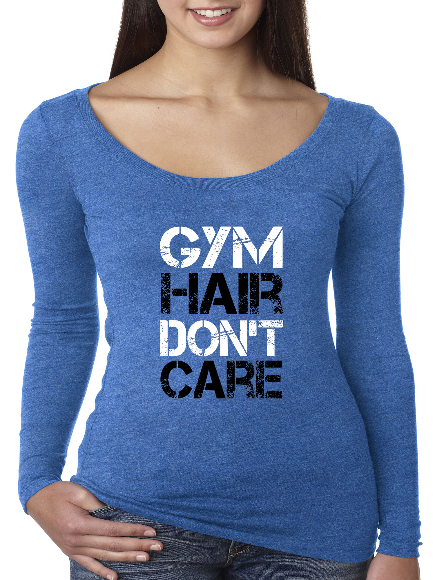 Trendy USA 1455 - Women's Long Sleeve T-Shirt Gym Hair Don't Care Workout Exercise Fitness Health Small Royal Blue