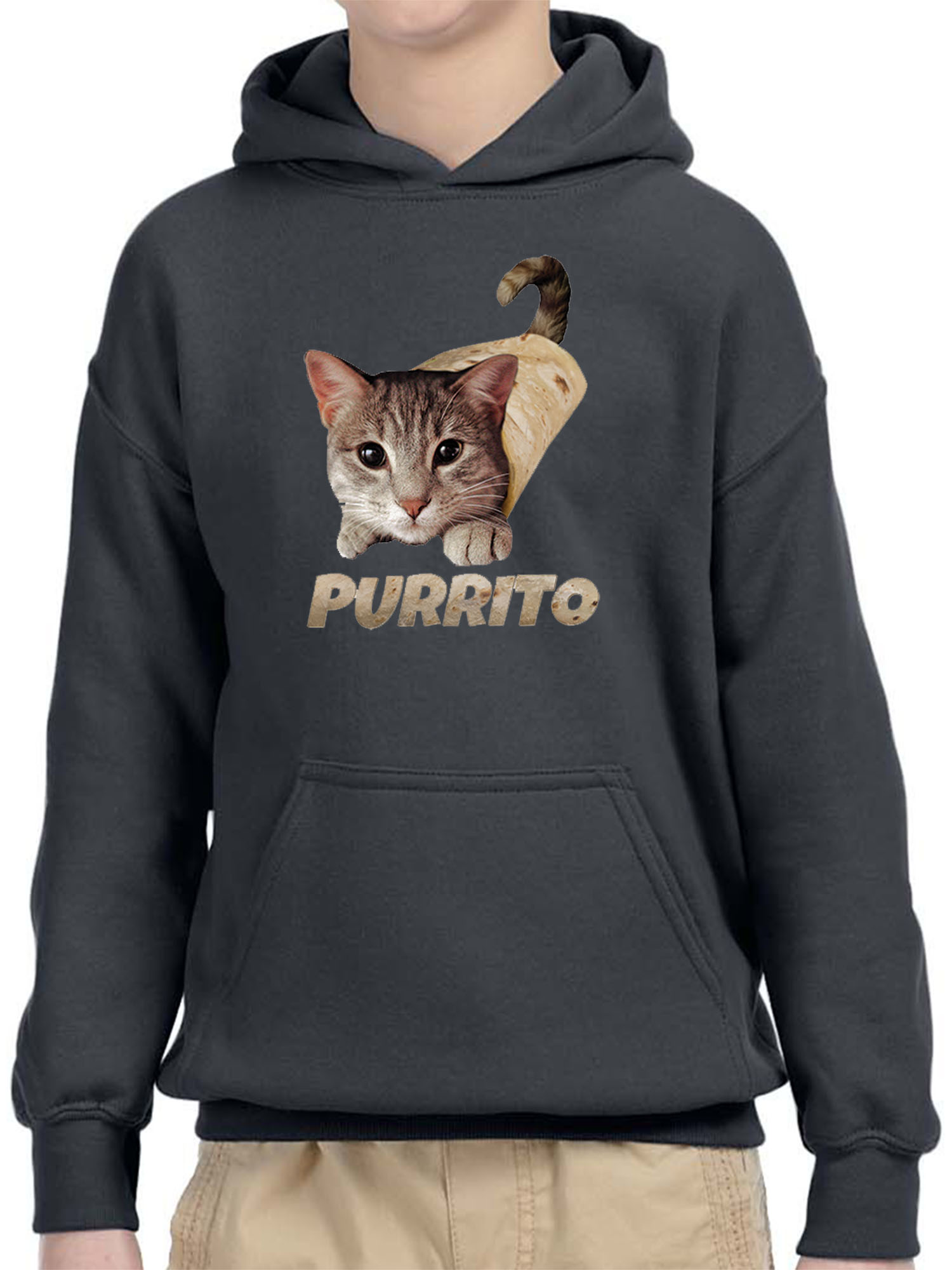 Trendy USA 1507 - Youth Hoodie Purrito Burrito Kitty Cat Lovers Taco Spicy Funny Unisex Pullover Sweatshirt XL Charcoal
