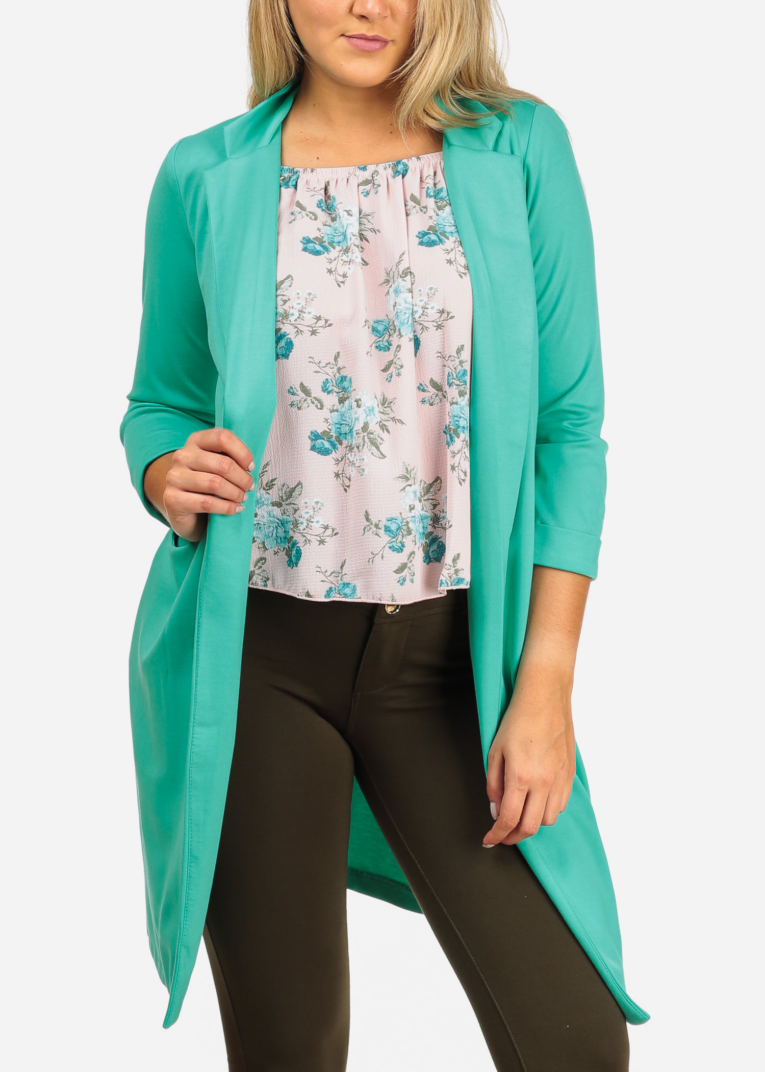 Womens Juniors Women's Junior Stylish Trendy Open Front Classic Longline Mint Trench Coat Long Blazer 30354W