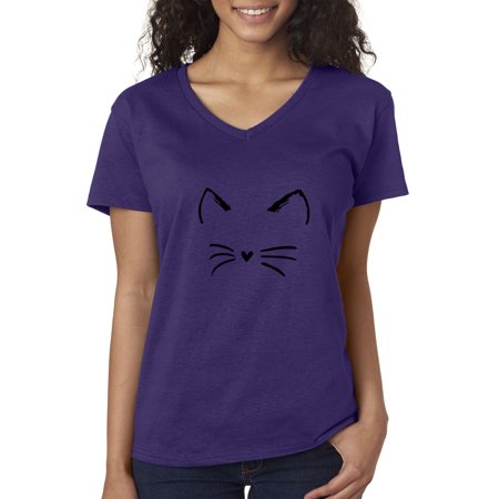 New Way 1128 - Women's V-Neck T-Shirt Cat Whiskers Silhouette Heart Nose Large Purple