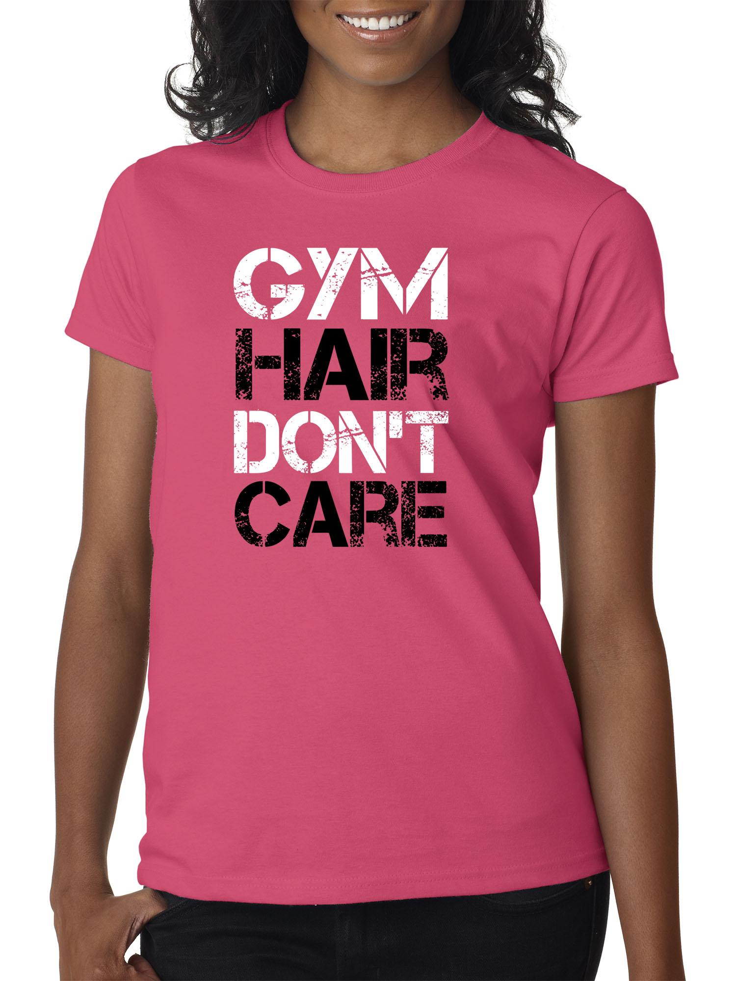 Trendy USA 1455 - Women's T-Shirt Gym Hair Don't Care Workout Exercise Fitness Health Medium Heliconia