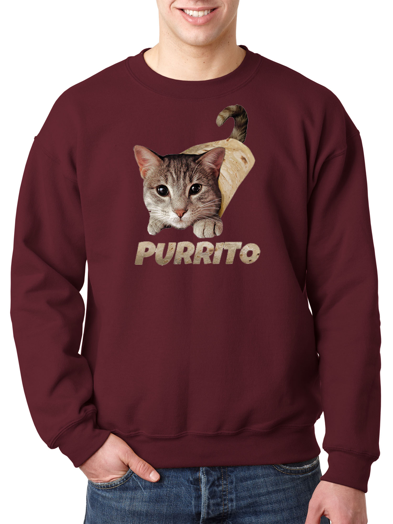 Trendy USA 1507 - Crewneck Purrito Burrito Kitty Cat Lovers Taco Spicy Funny Sweatshirt Medium Maroon