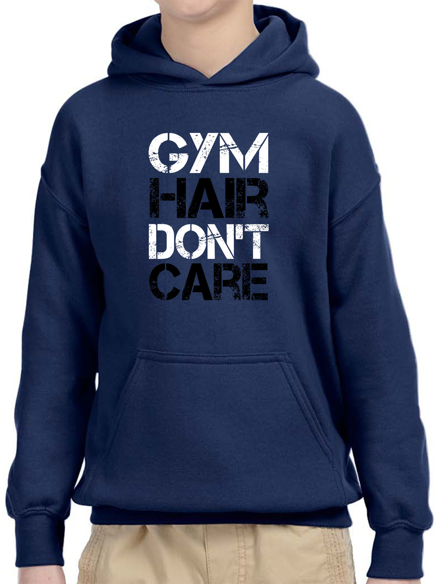 Trendy USA 1455 - Youth Hoodie Gym Hair Don't Care Workout Exercise Fitness Health Unisex Pullover Sweatshirt Large Navy