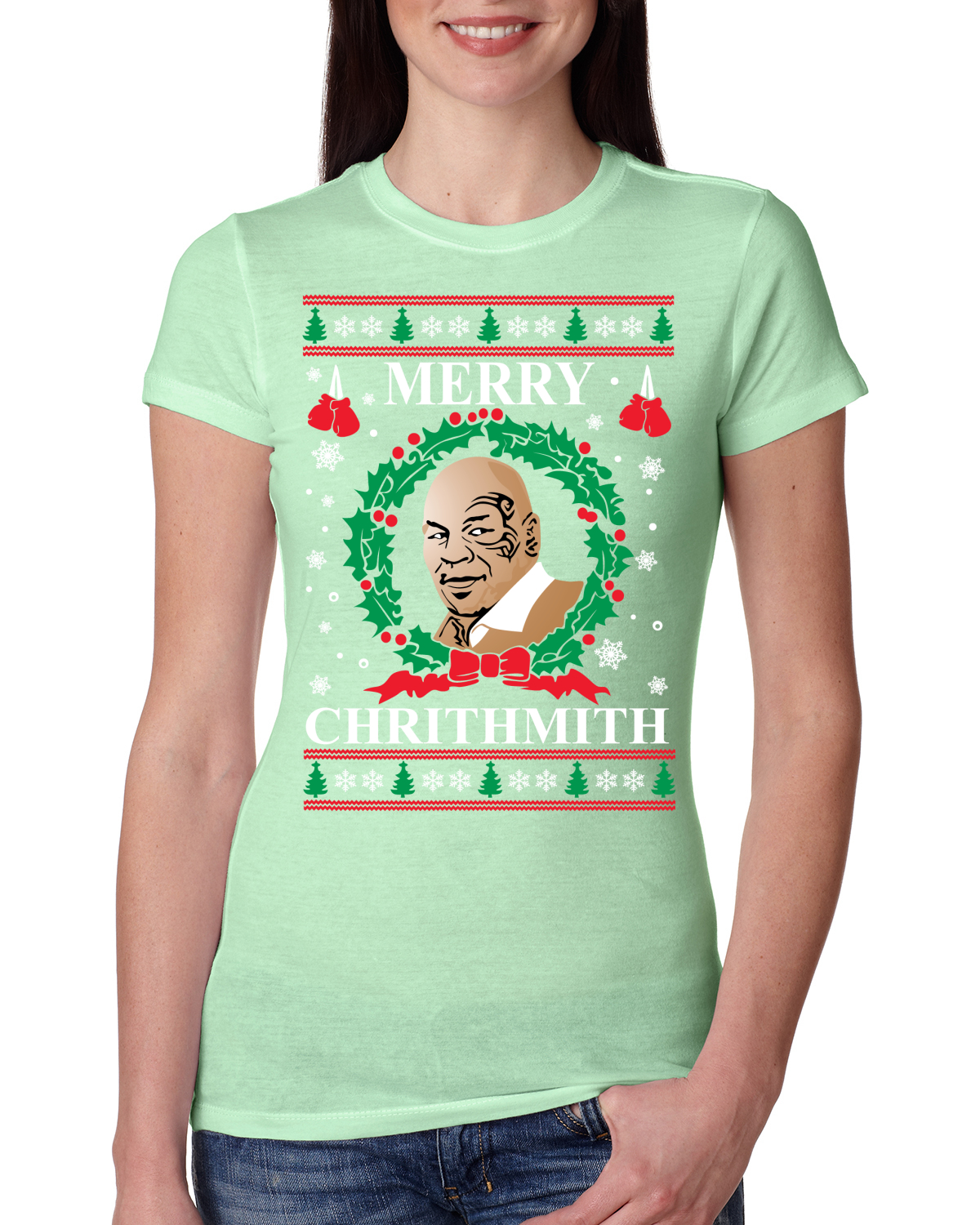 Wild Bobby Merry Chrithmith Mike Tyson Ugly Christmas Women Slim Fit Junior Tee  Mint  Large