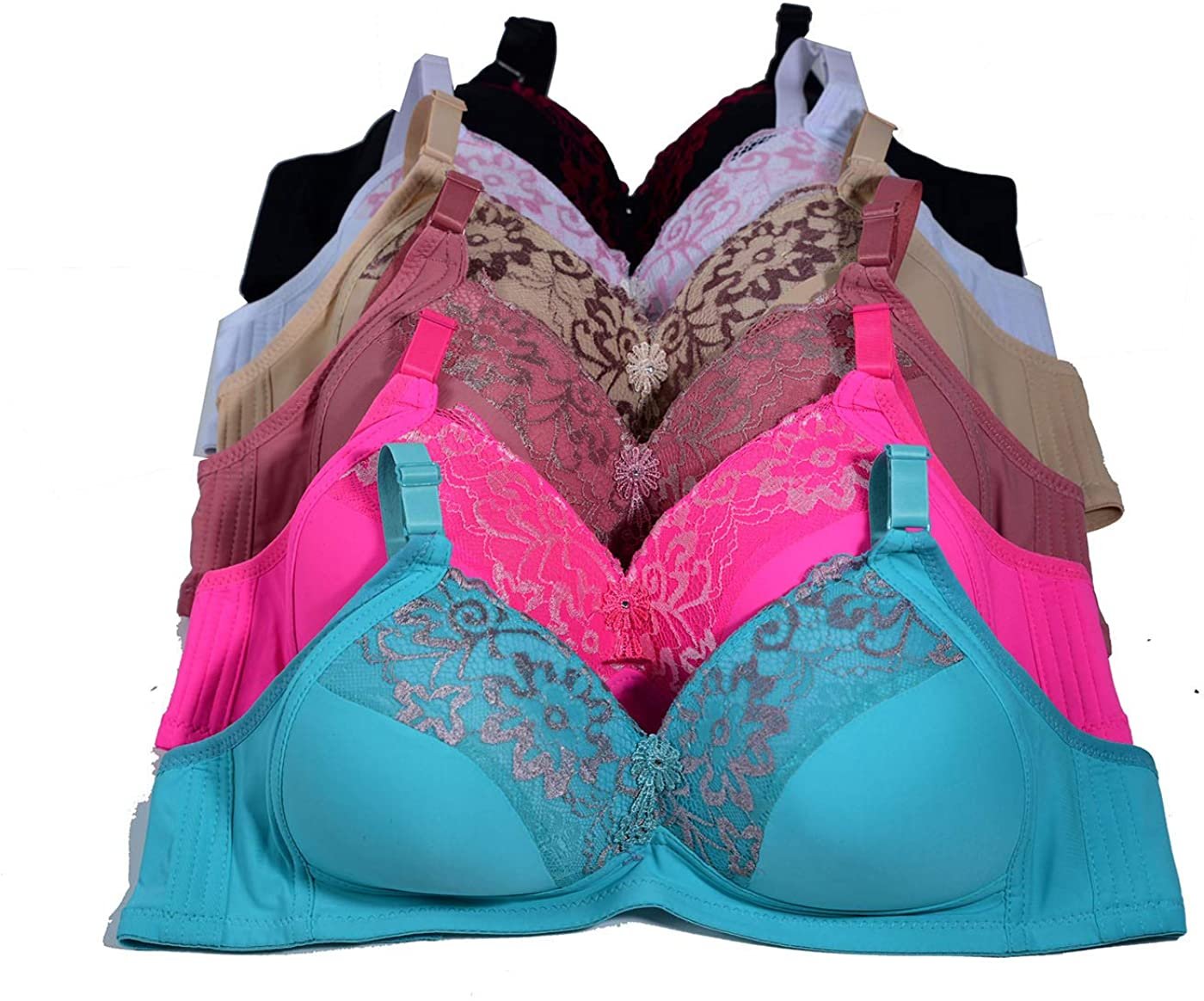 Iheyi 6 Pieces No Wire Full Cup Plain/Lace Light Padded Wire Free Bra a/B/C (34B  Style # 6317)