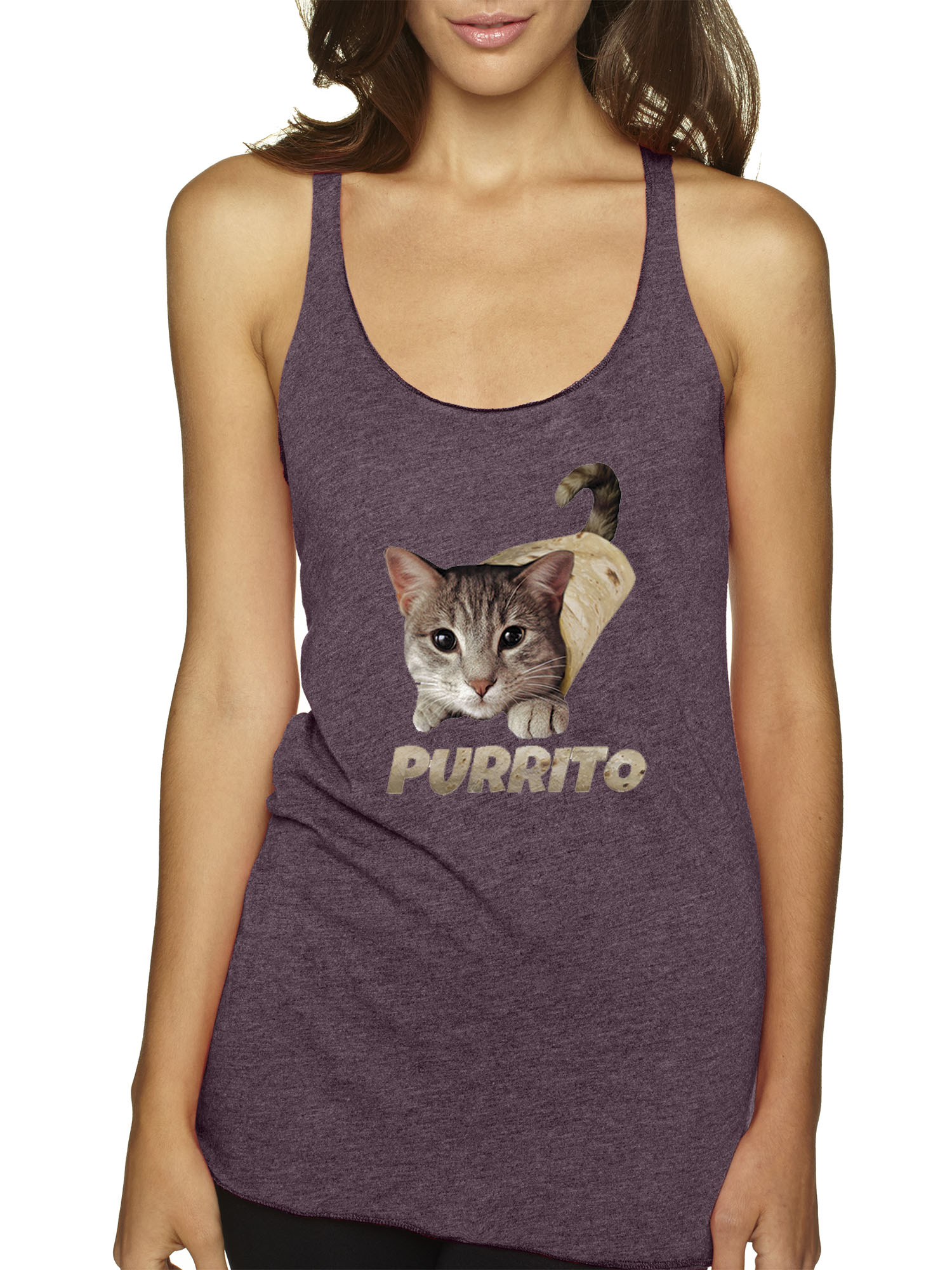 Trendy USA 1507 - Women's Tank-Top Purrito Burrito Kitty Cat Lovers Taco Spicy Funny Small Vintage Purple