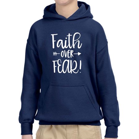 Trendy USA 1253 - Youth Hoodie Faith Over Fear Script Unisex Pullover Sweatshirt Medium Navy