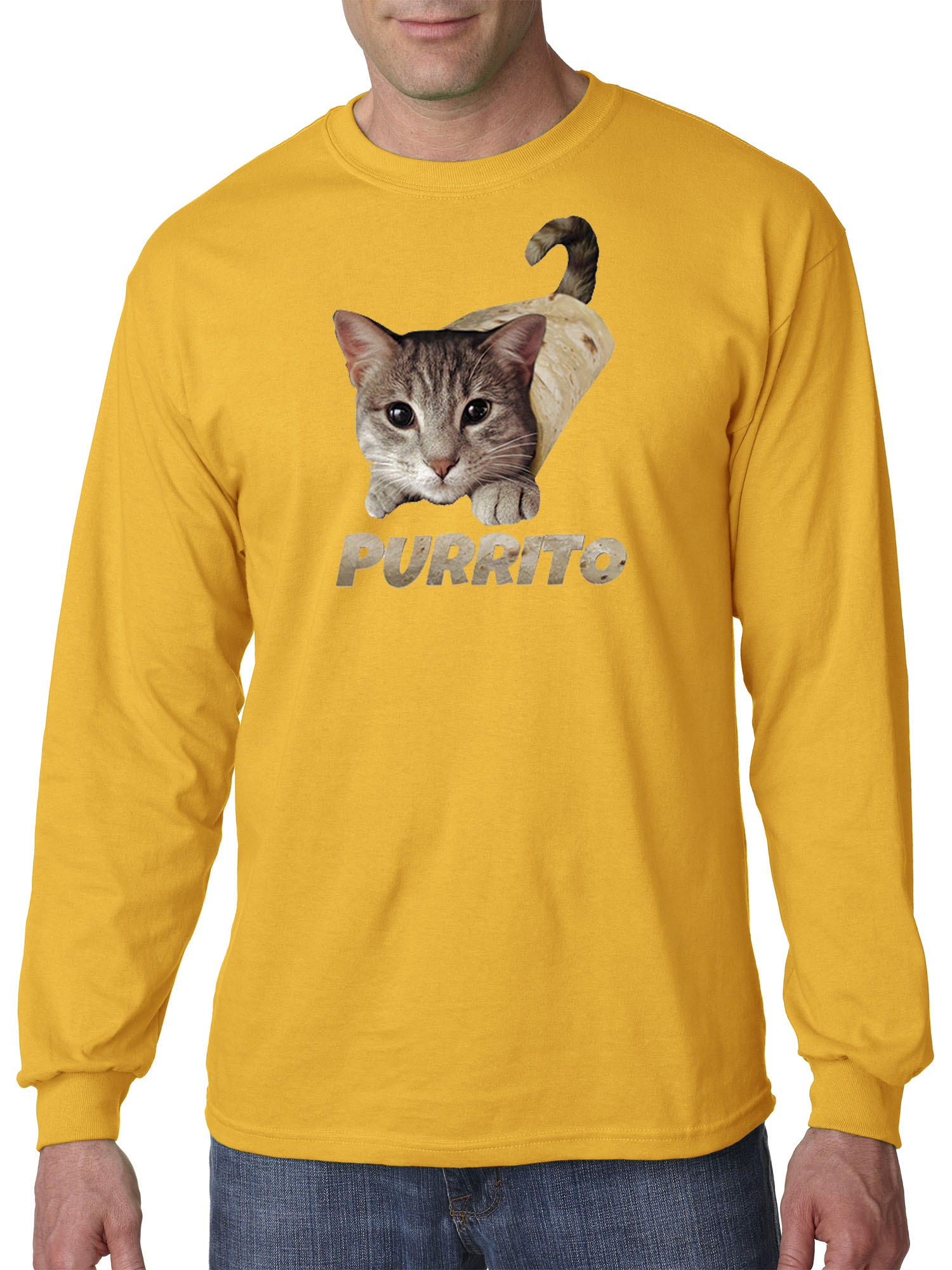 Trendy USA 1507 - Unisex Long-Sleeve T-Shirt Purrito Burrito Kitty Cat Lovers Taco Spicy Funny Small Gold