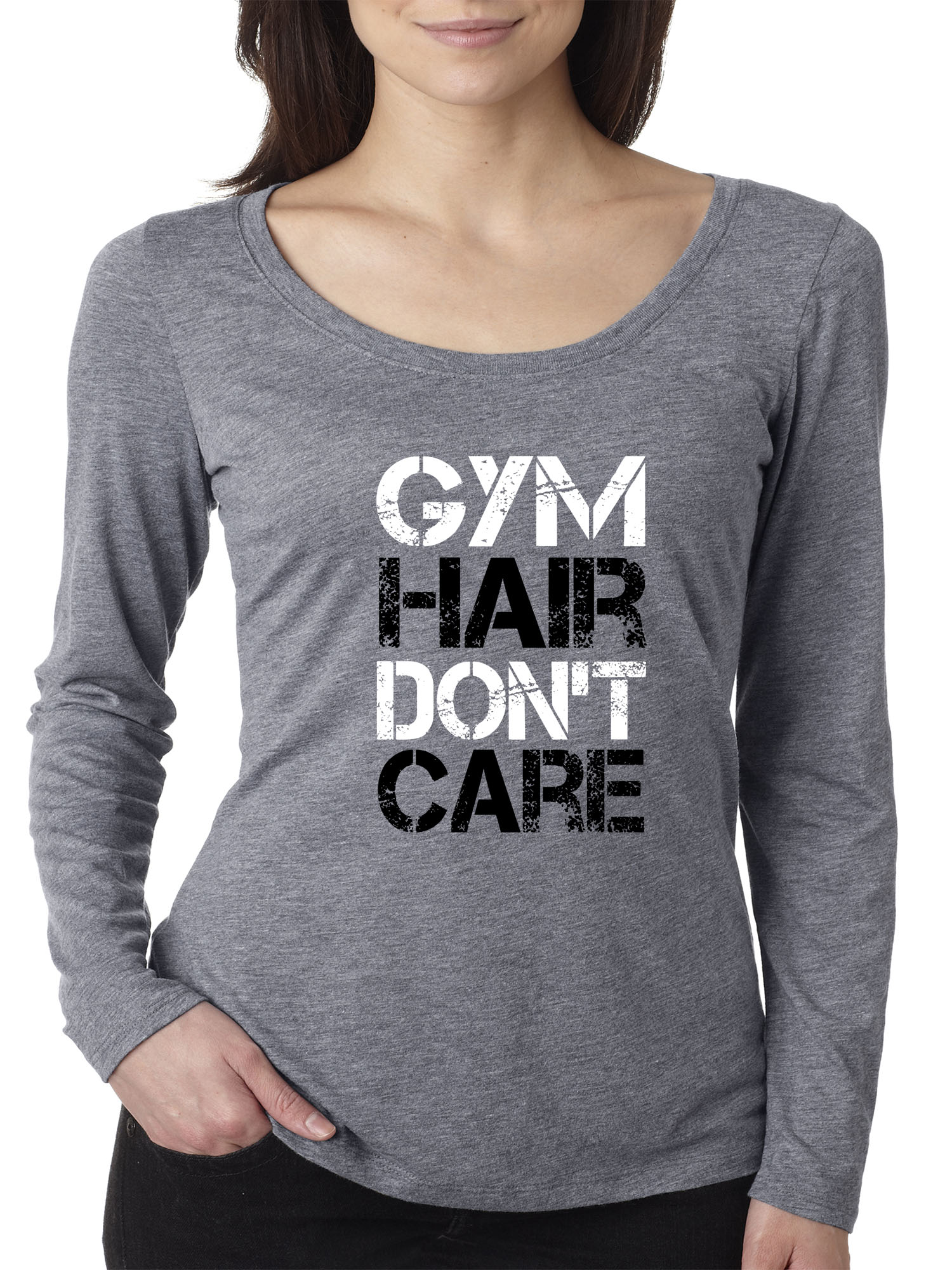 Trendy USA 1455 - Women's Long Sleeve T-Shirt Gym Hair Don't Care Workout Exercise Fitness Health XL Heather Grey