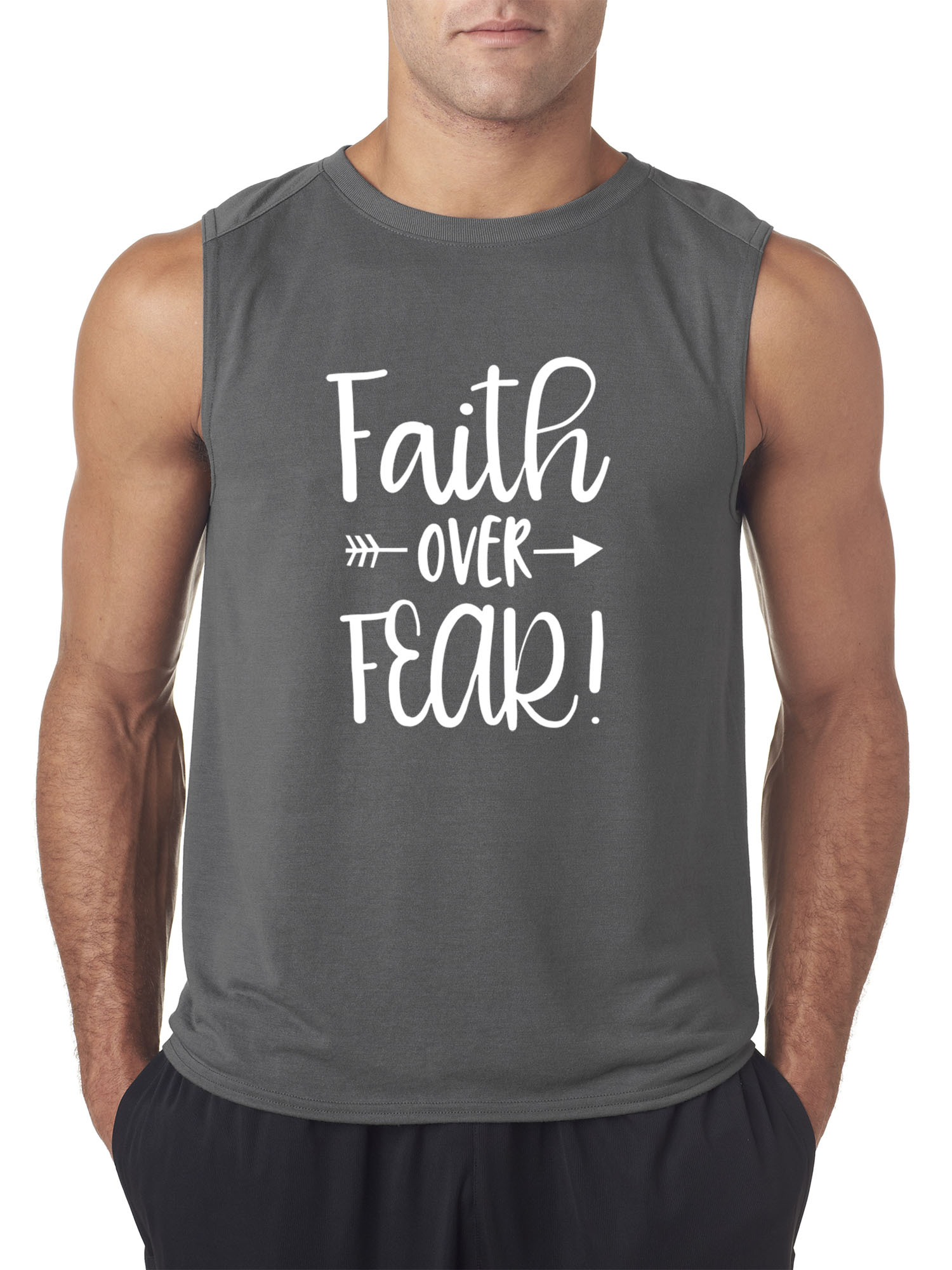Trendy USA 1253 - Men's Sleeveless Faith Over Fear Script Medium Charcoal