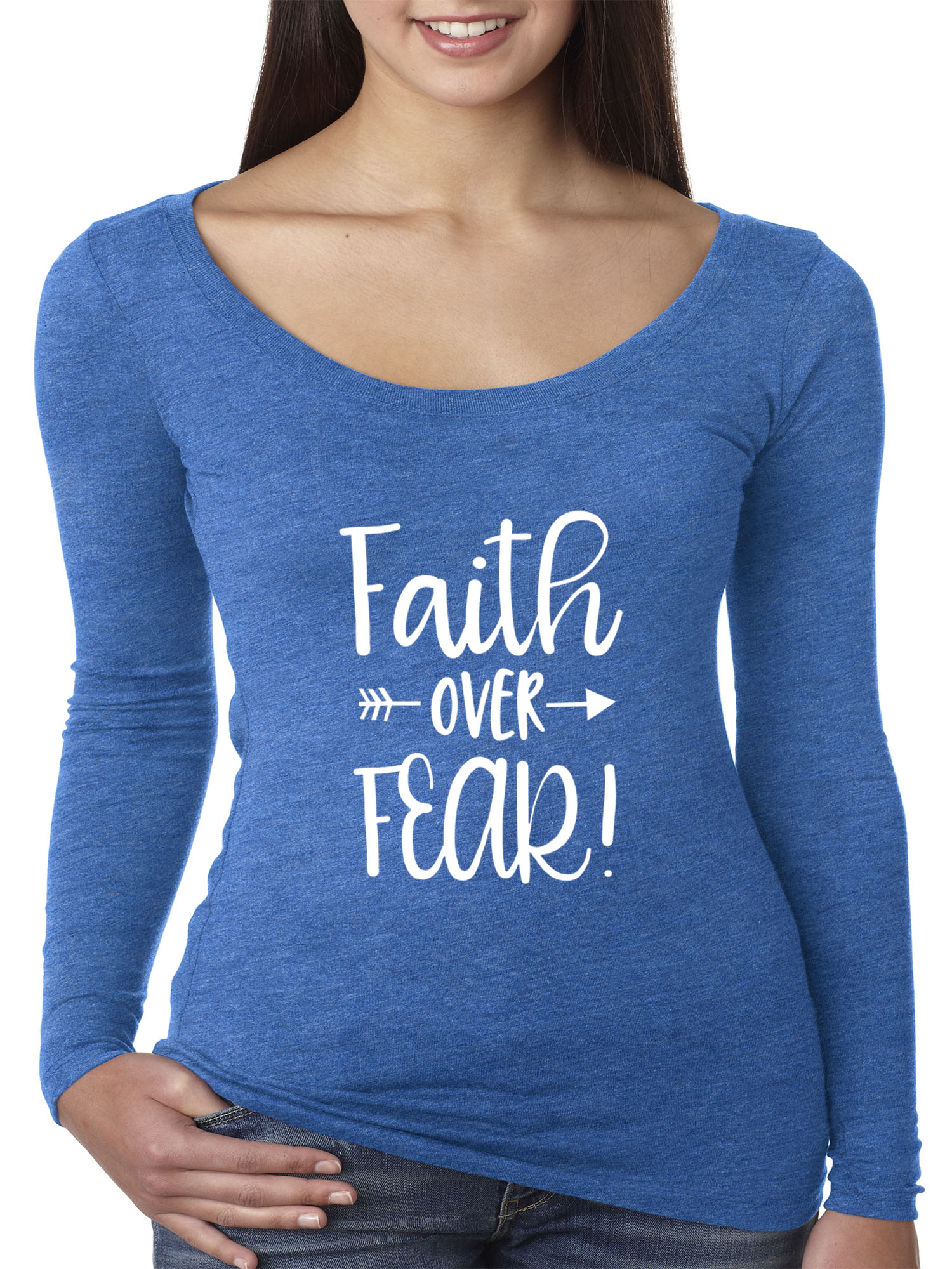 Trendy USA 1253 - Women's Long Sleeve T-Shirt Faith Over Fear Script Small Royal Blue