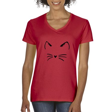 Trendy USA 1128 - Women's V-Neck T-Shirt Cat Whiskers Silhouette Heart Nose Medium Red