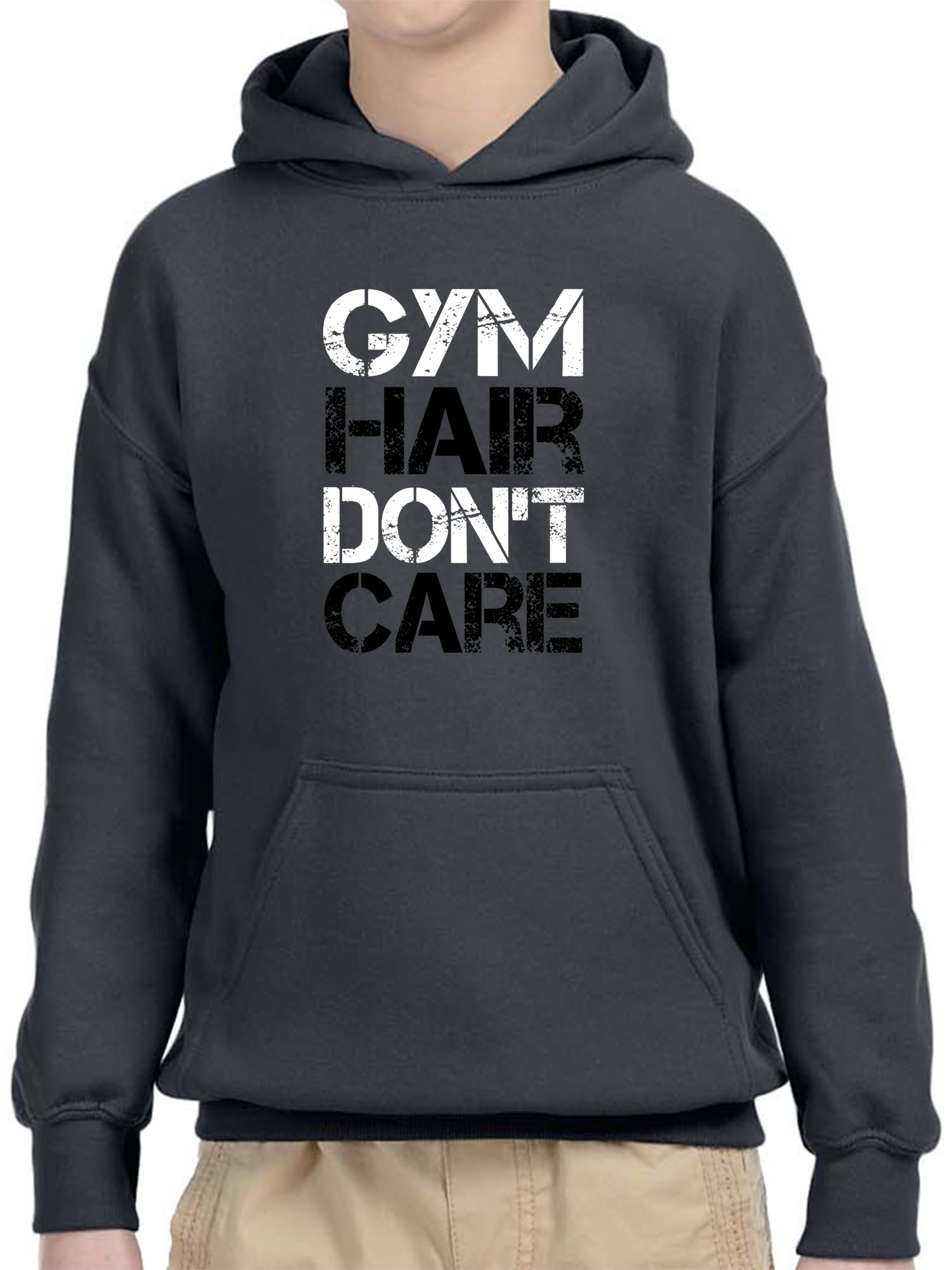 Trendy USA 1455 - Youth Hoodie Gym Hair Don't Care Workout Exercise Fitness Health Unisex Pullover Sweatshirt Small Charcoal