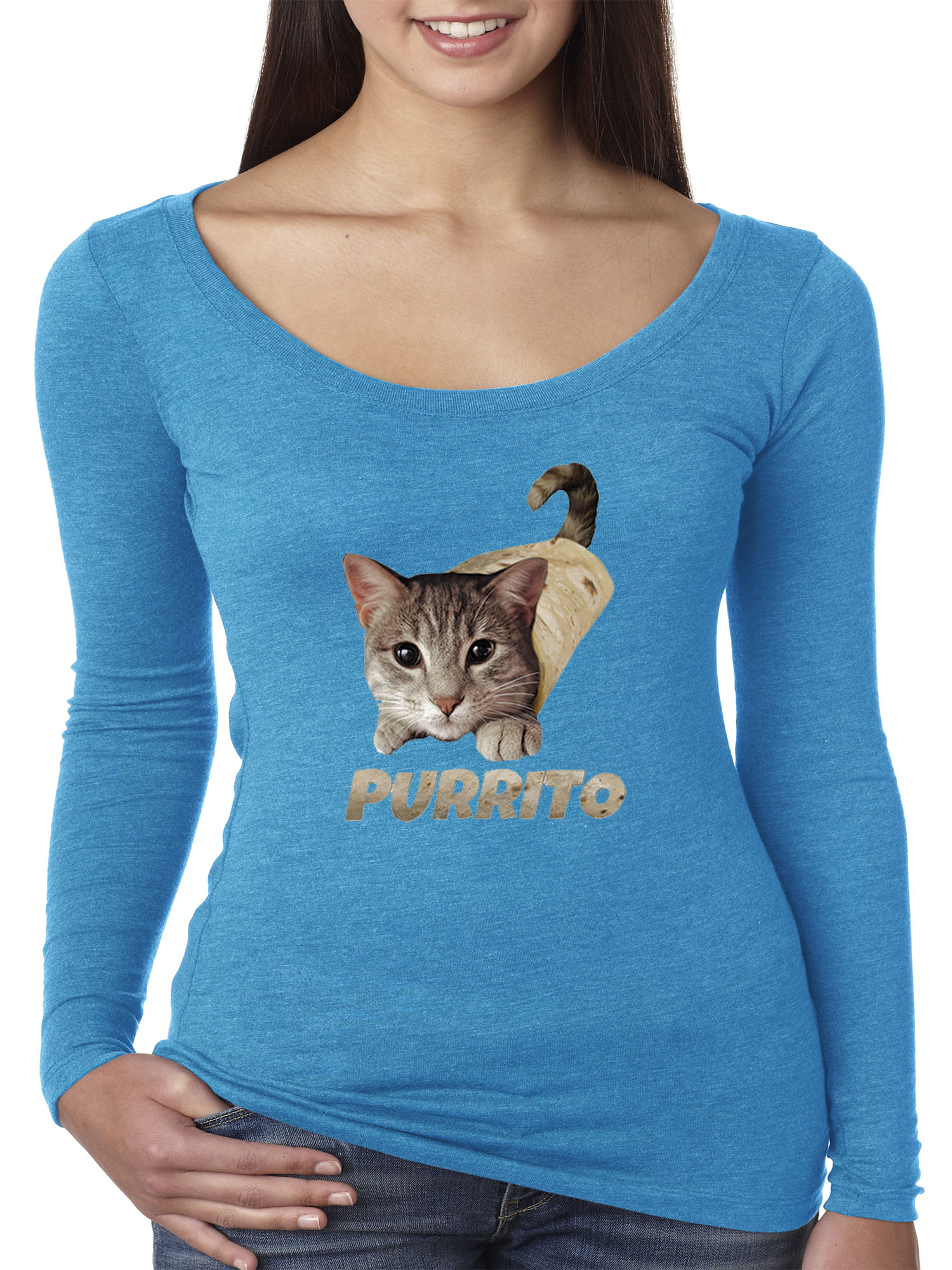 Trendy USA 1507 - Women's Long Sleeve T-Shirt Purrito Burrito Kitty Cat Lovers Taco Spicy Funny Small Turquoise