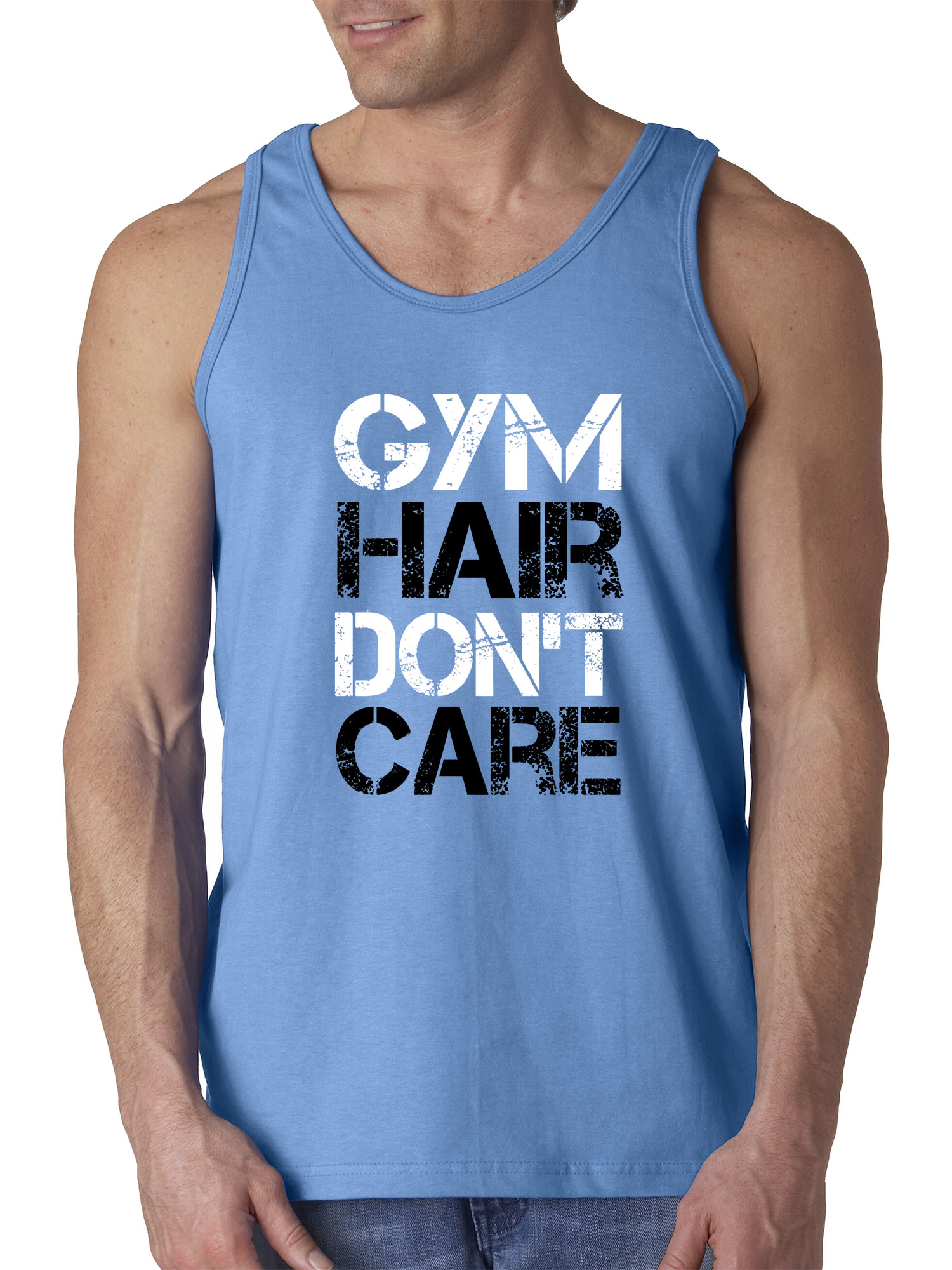 Trendy USA 1455 - Men's Tank-Top Gym Hair Don't Care Workout Exercise Fitness Health XL Carolina Blue