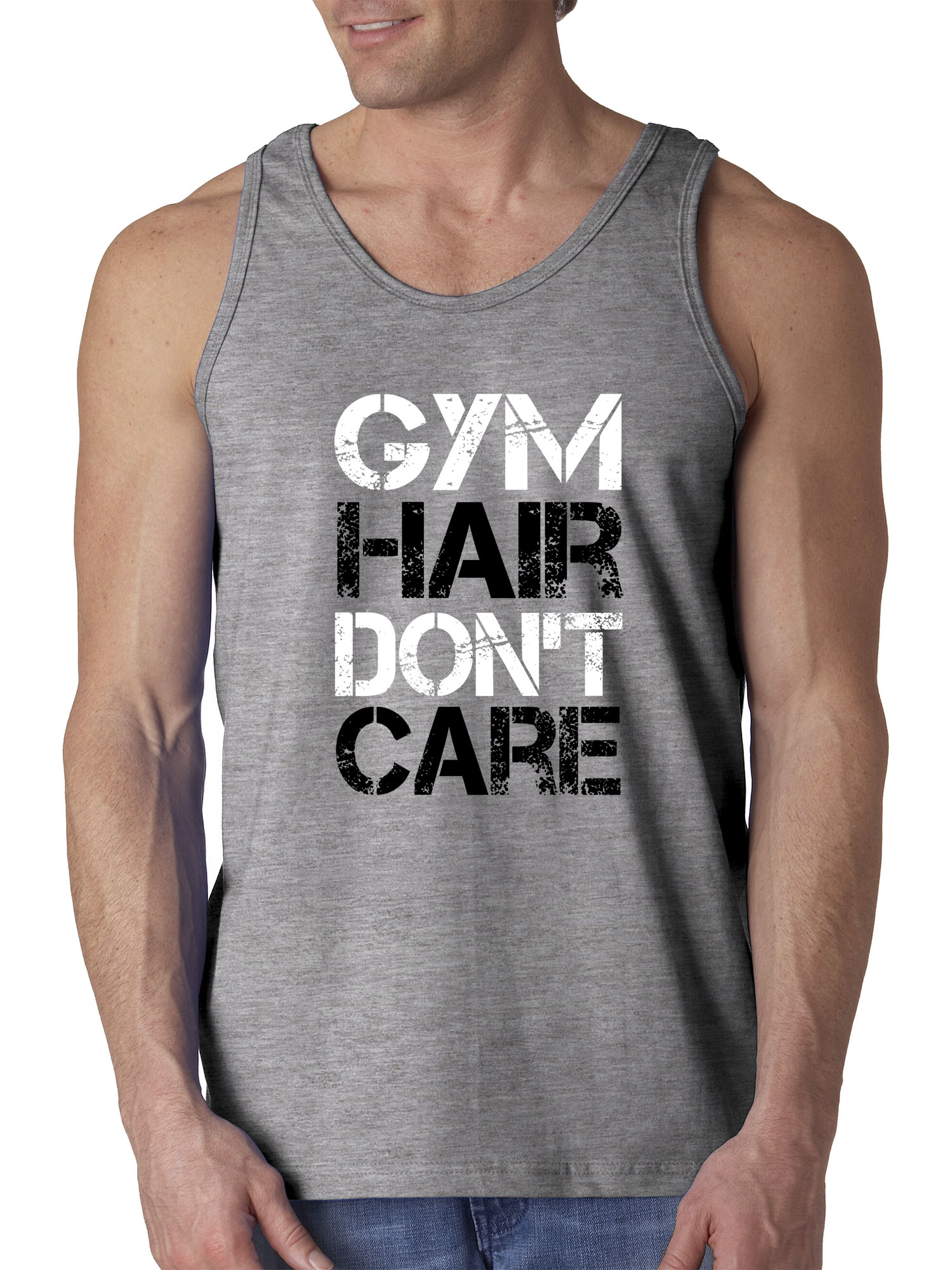 Trendy USA 1455 - Men's Tank-Top Gym Hair Don't Care Workout Exercise Fitness Health XL Heather Grey
