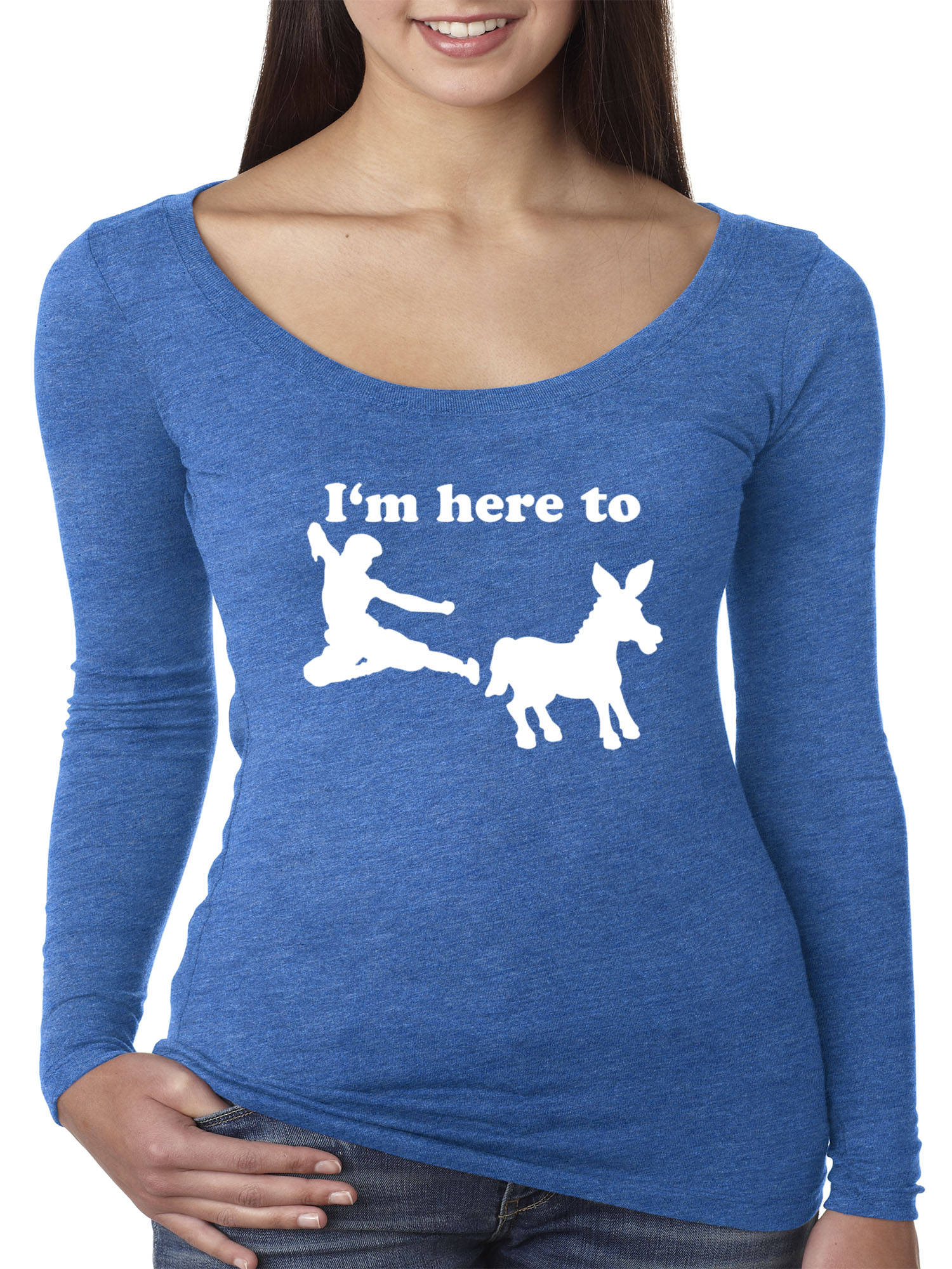 Trendy USA 1229 - Women's Long Sleeve T-Shirt I'm Here to Kick Ass Karate Donkey Small Royal Blue