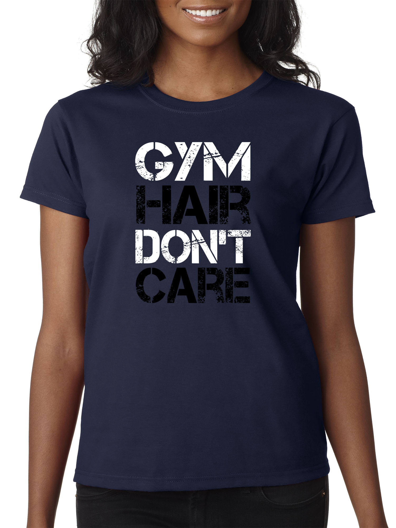 Trendy USA 1455 - Women's T-Shirt Gym Hair Don't Care Workout Exercise Fitness Health XL Navy