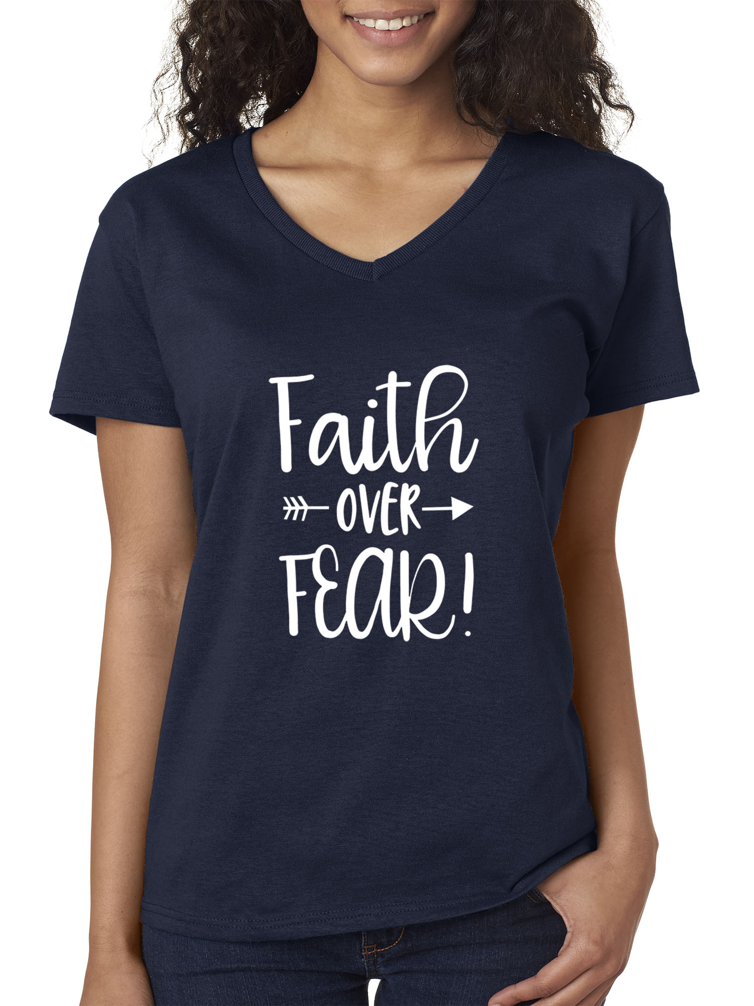 Trendy USA 1253 - Women's V-Neck T-Shirt Faith Over Fear Script Small Navy